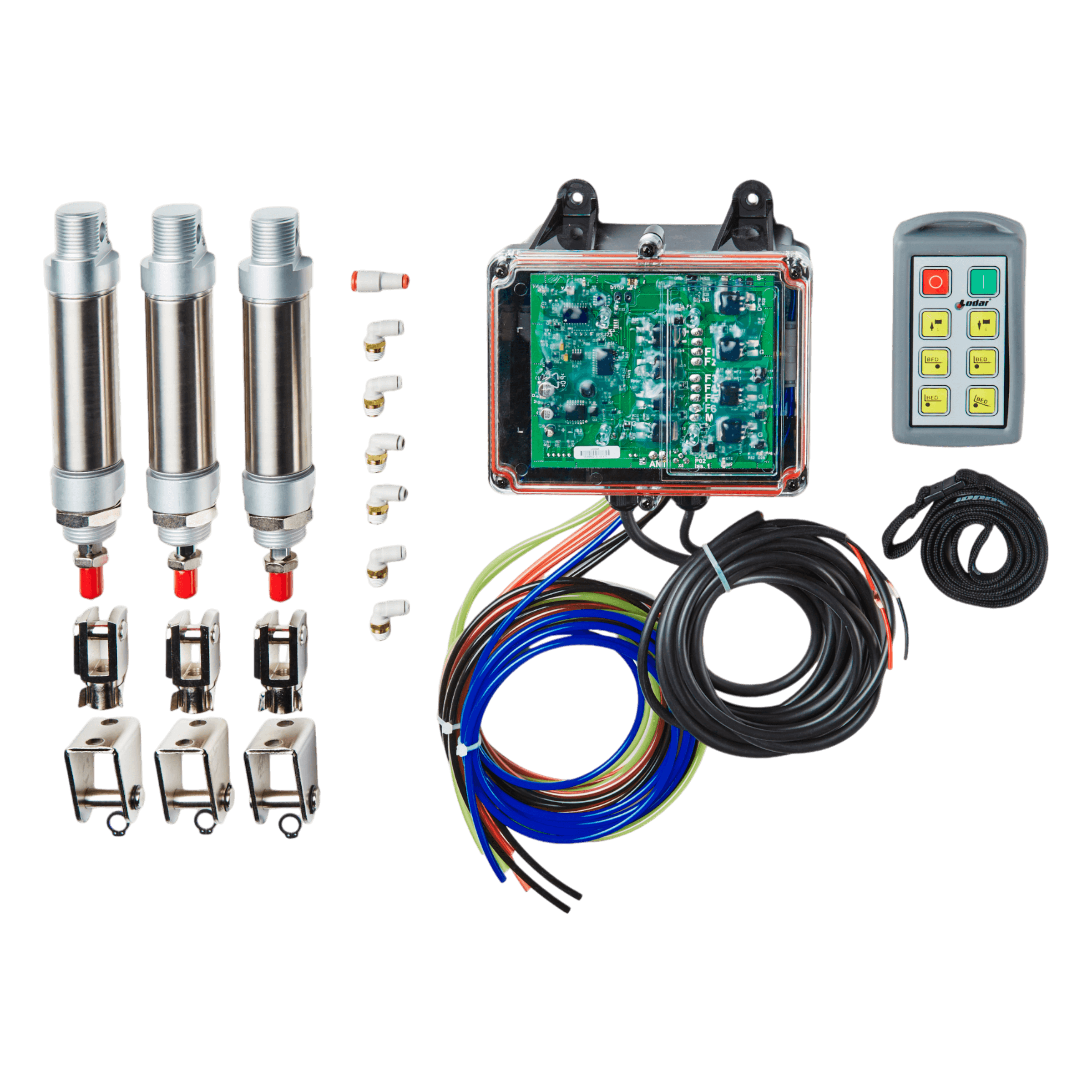 The 6 Function Standard Wireless Actuator Control System | 92 Series | FET Air Receiver from Lodar LTD includes three sensors, cables, connectors, a circuit box, and an advanced remote control system.