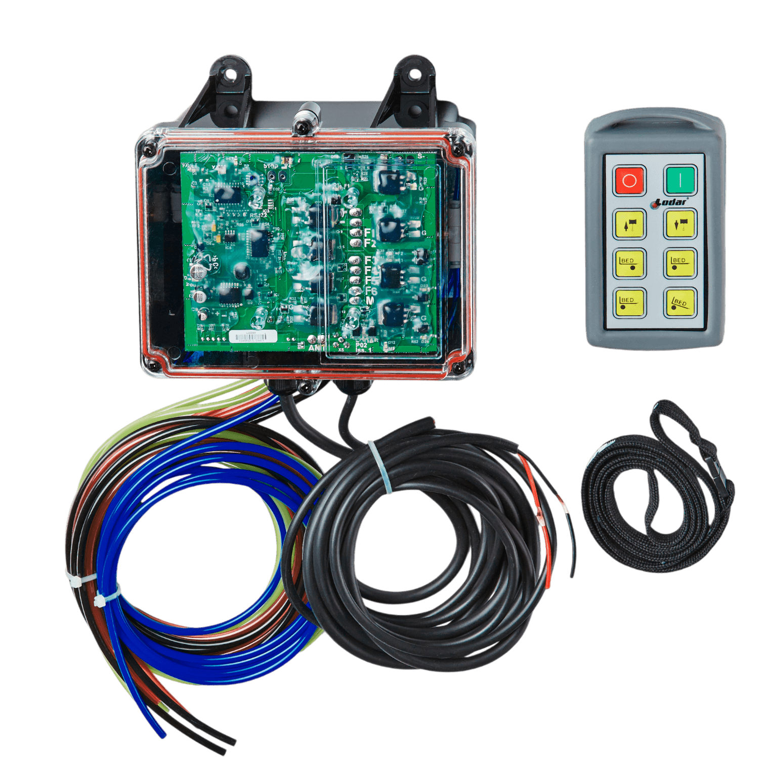 A Lodar LTD 6 Function Standard Wireless Actuator Control System from the 92 Series, featuring a FET Air Receiver and vibrant colored wires, is paired with a Lodar Wireless remote control on a pristine white backdrop, highlighting its capability for precise wireless actuator control.