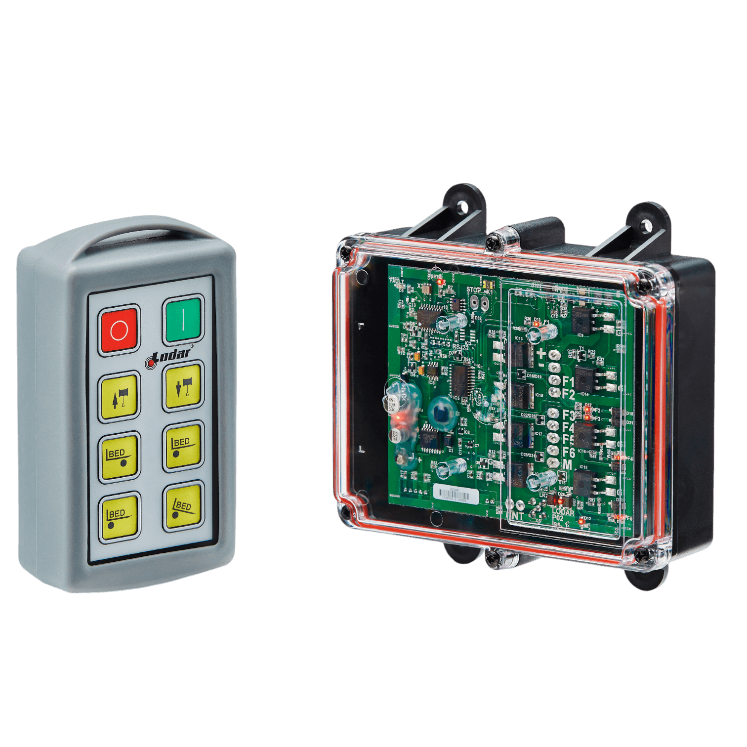 The 6 Function Standard Wireless Control System by Lodar LTD (92 Series) features two electronic control devices: a handheld remote with buttons, ideal for remote operation, and a clear-cased circuit board.