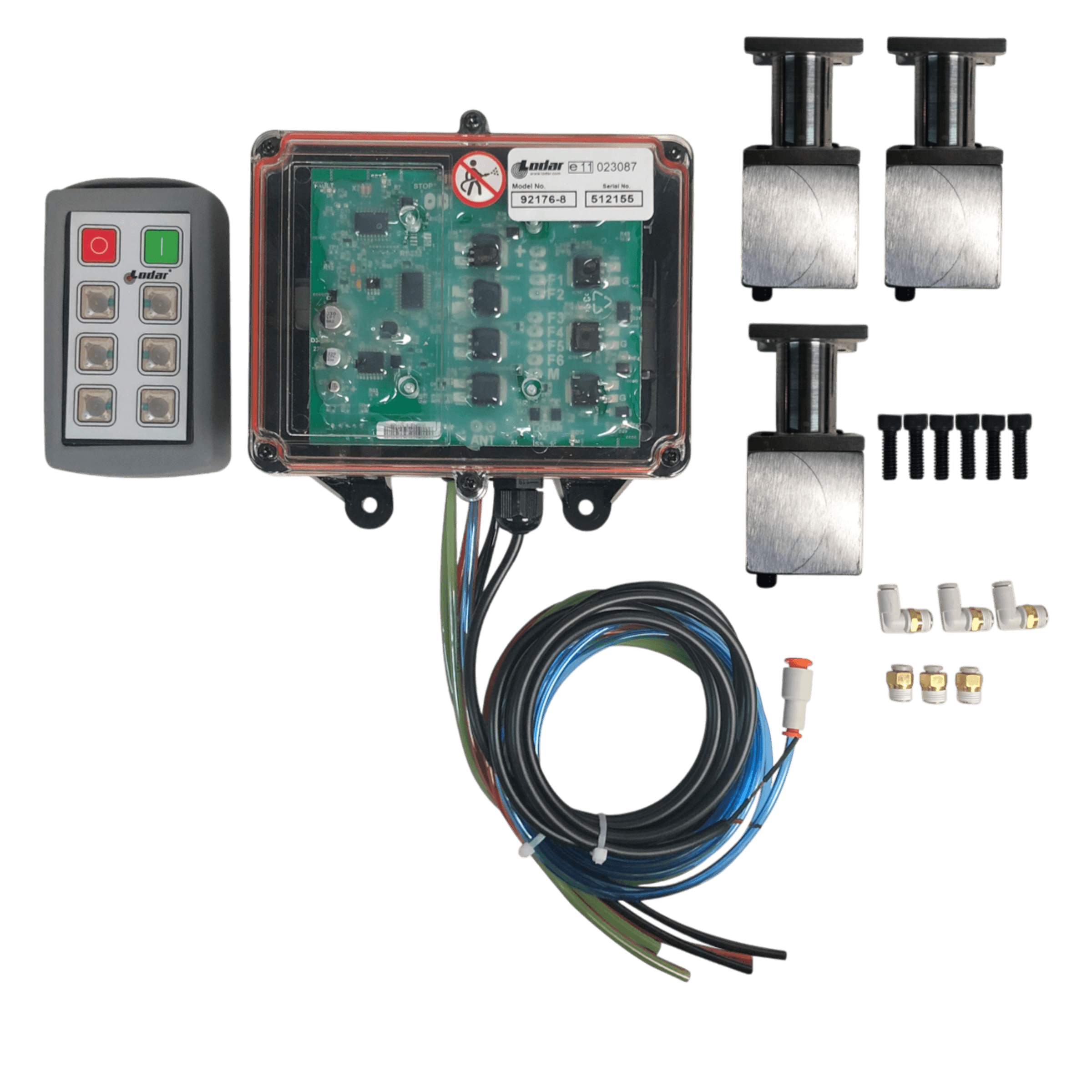 PIERCE 6 Function Direct Mount Wireless Air System for Jerr-Dan (Husco Valves) includes remote, wiring, metal actuators, screws, and connectors. Perfect for wrecker remote control or bolt-on actuator installations.