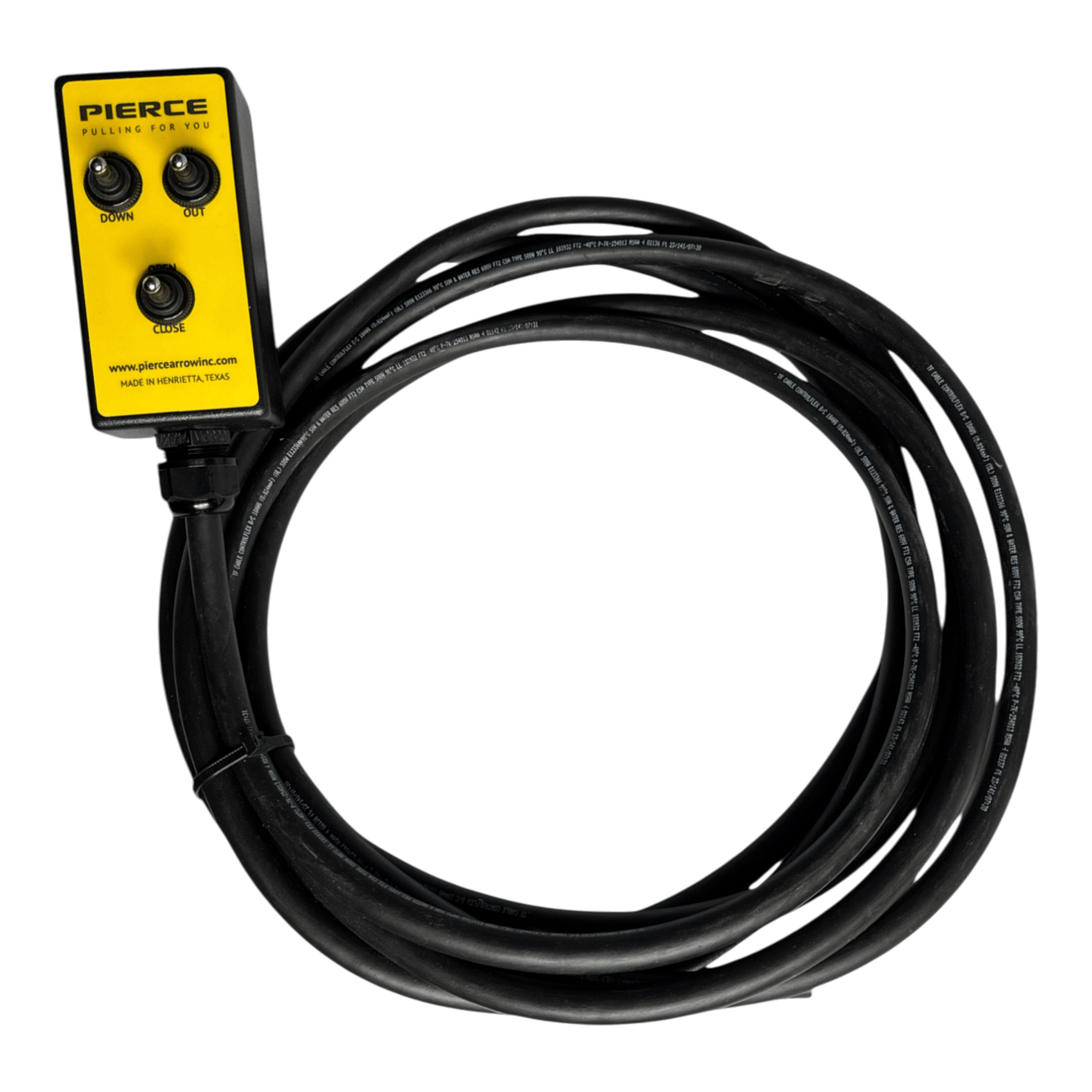 The PIERCE 6 Function Wrecker Remote features a coiled black cable connected to a yellow control box. It includes a toggle switch and three buttons labeled Down, Out, and Close. Perfect for the towing industry, this remote seamlessly integrates with hydraulic power units for efficient operation.
