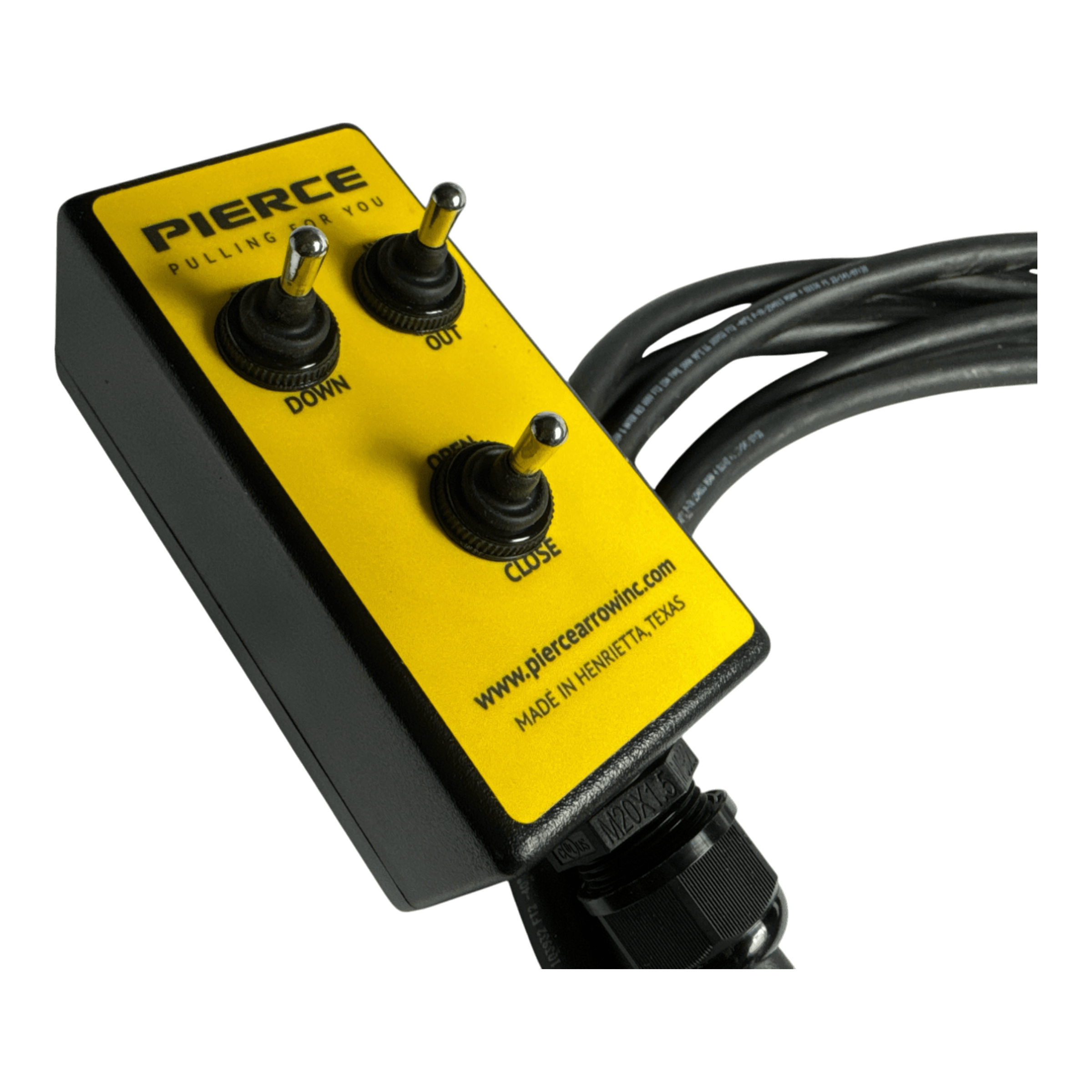 The PIERCE 6 Function Wrecker Remote, featuring a yellow and black control box with three toggle switches labeled DOWN, OUT, and CLOSE, comes with attached cables. It's perfect for use with hydraulic power units in the towing industry.