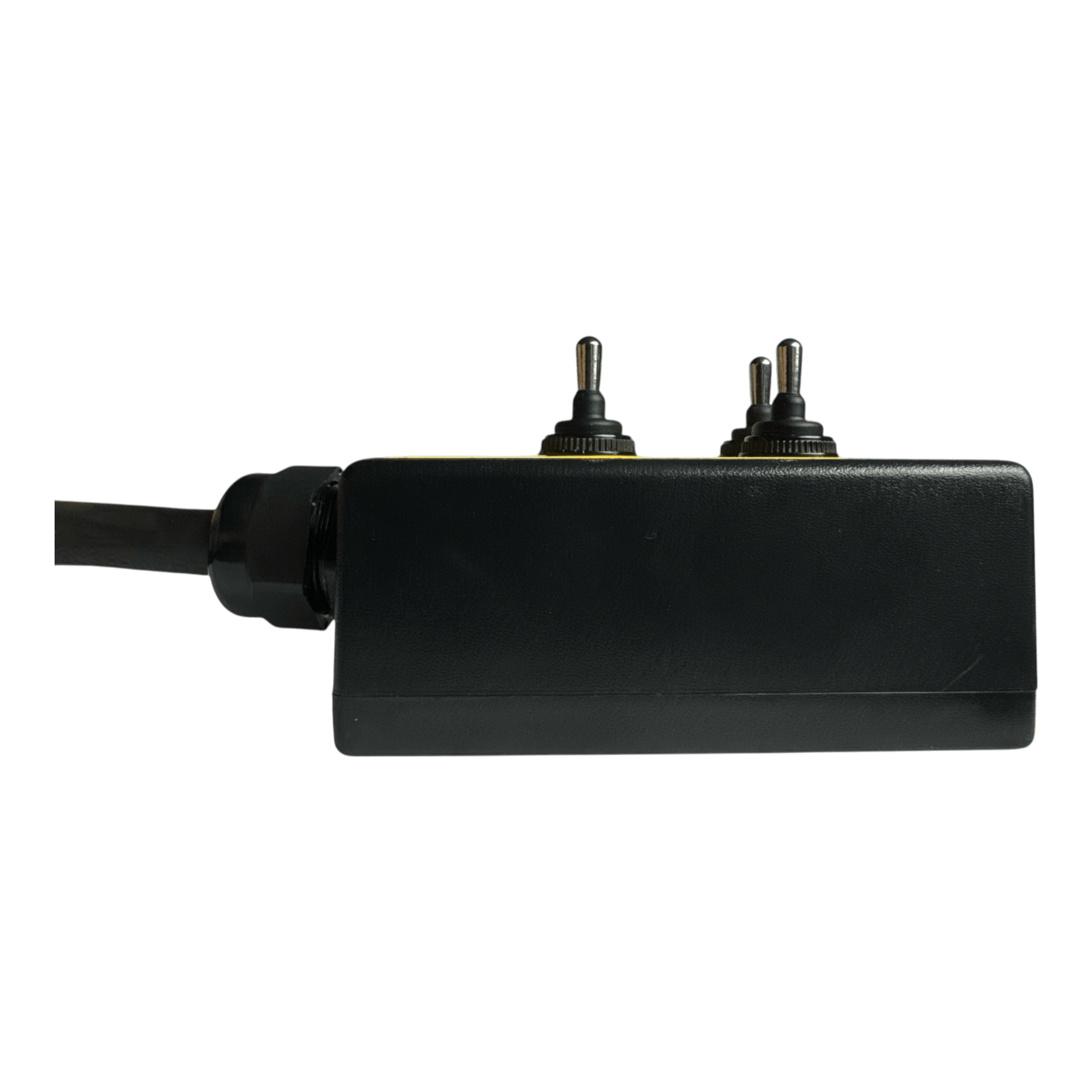 The PIERCE 6 Function Wrecker Remote, a black rectangular electronic device essential in the towing industry, features two precise toggle switches on top.
