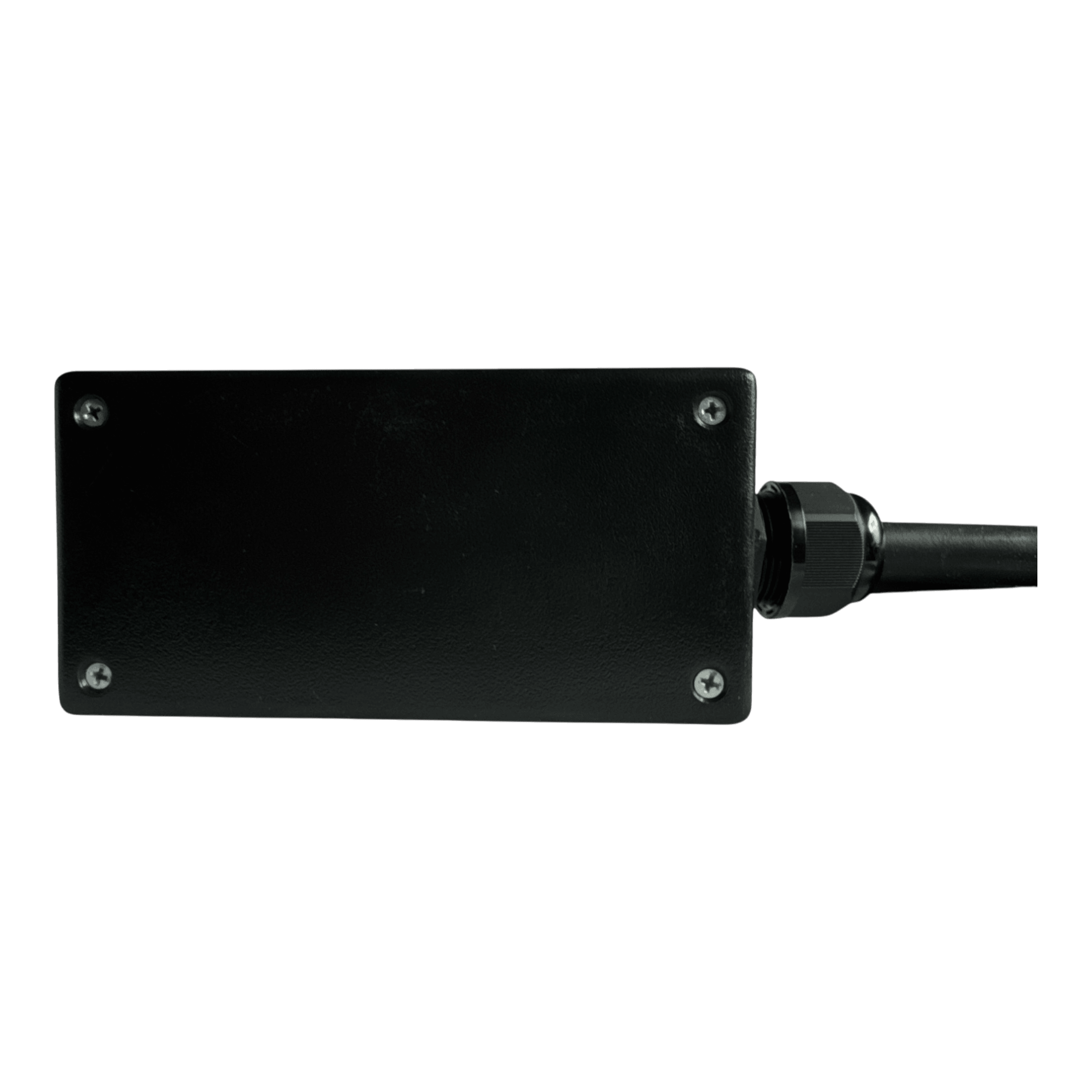 A sleek black 6 Function Wrecker Remote by PIERCE, featuring a cable attached, is set against a matching backdrop.