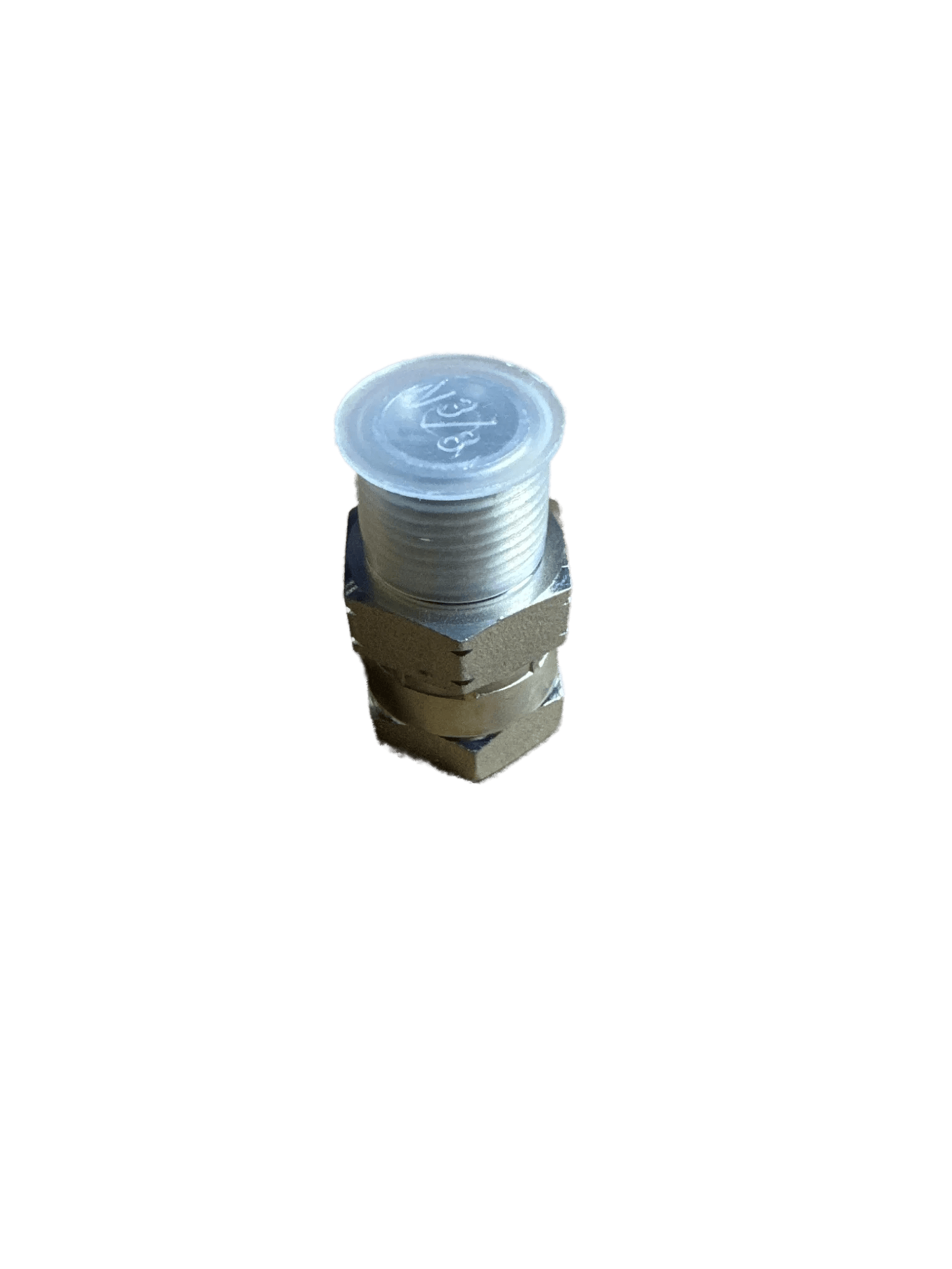 PIERCE Hydraulics Restrictor Fitting features a 3/8 male x 3/8 female pipe thread swivel design with a 1/16 hole, metal hex body, and plastic cap, shown isolated on a plain background.