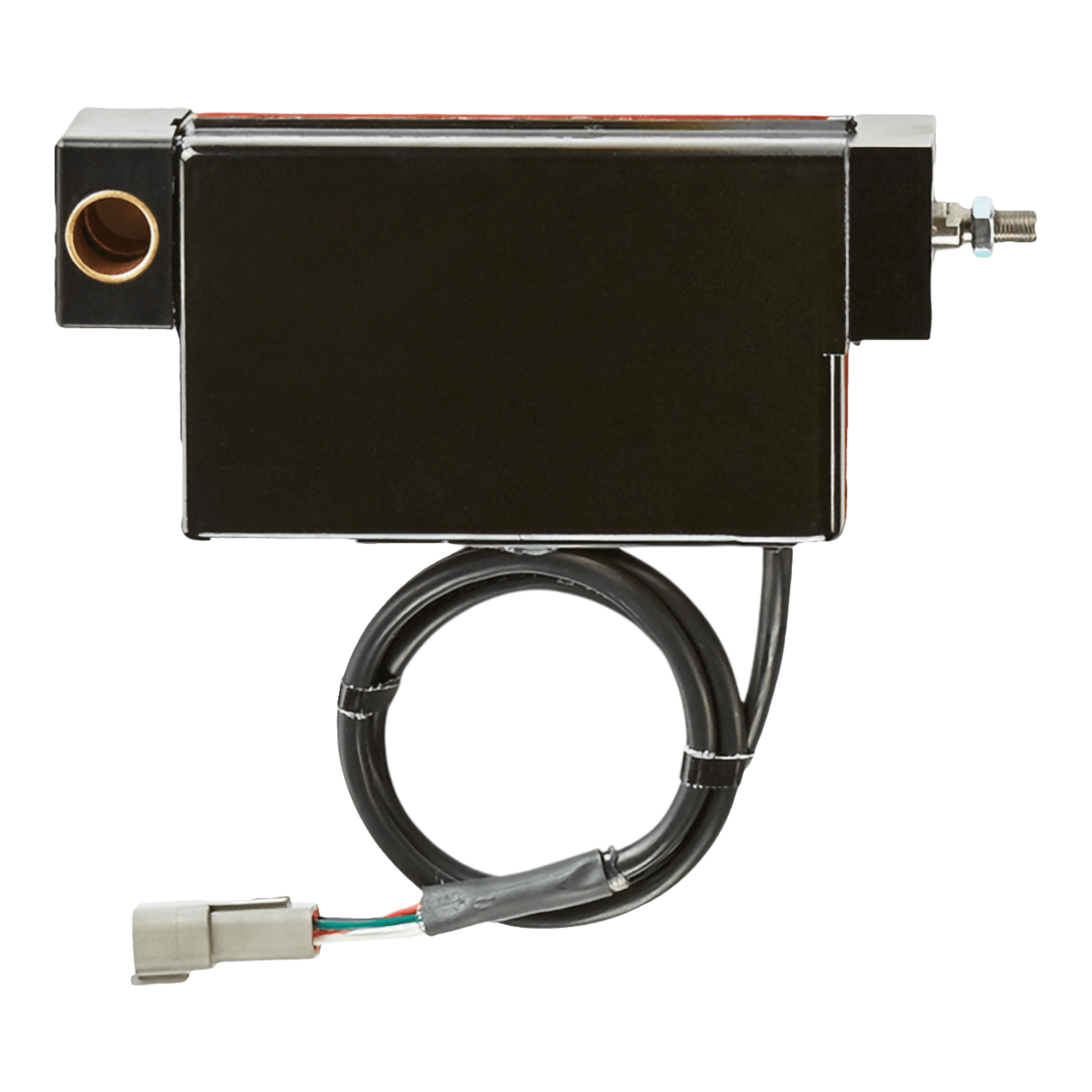Black rectangular electronic device with wire and gray connector, from Actus Manufacturing Inc; ideal as a Replacement Actus Actuator.