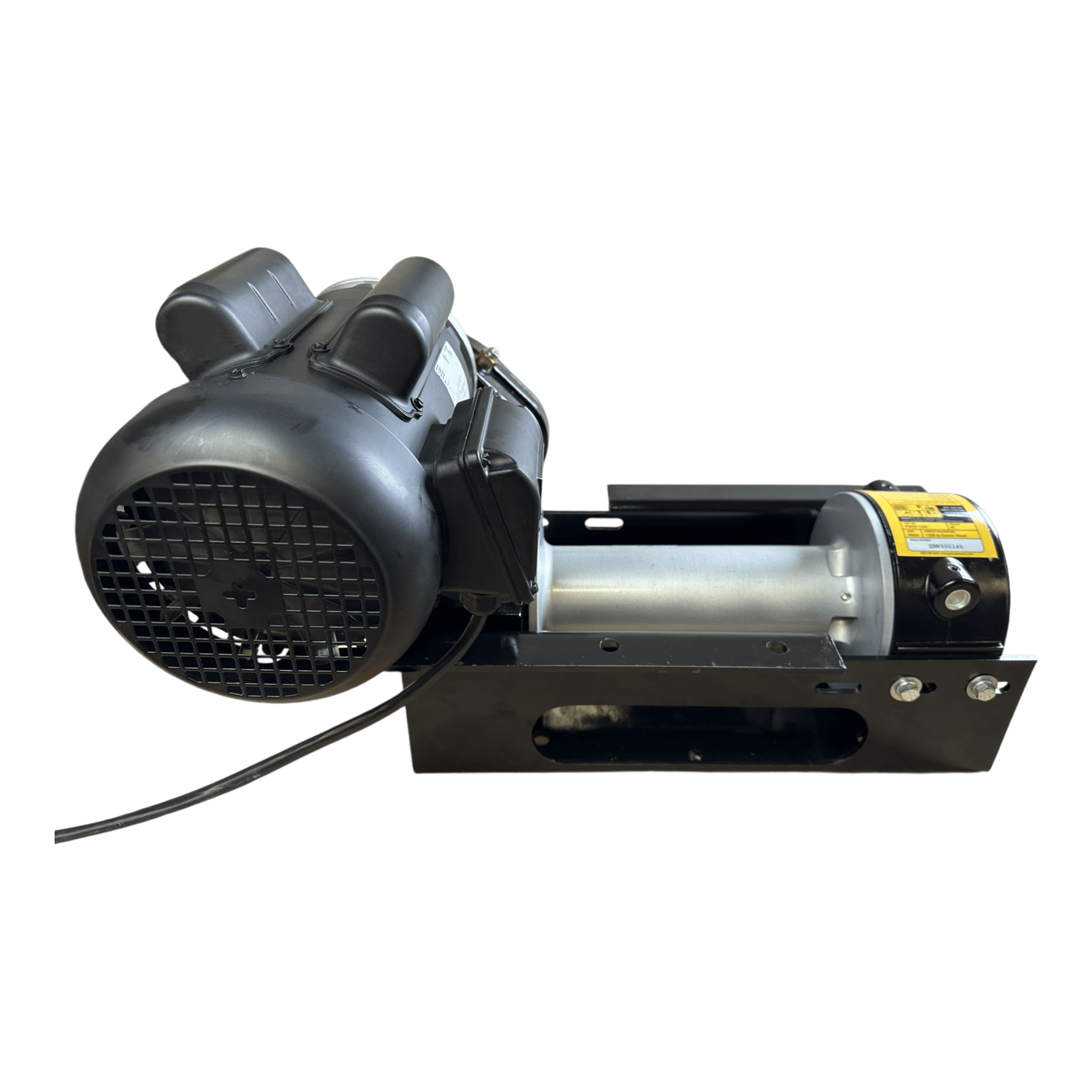 Side view of a black and silver PIERCE 110V Electric Winch – 7,500 lb with an 11" drum, mounted on a black base, designed for industrial use, shown against a white background.