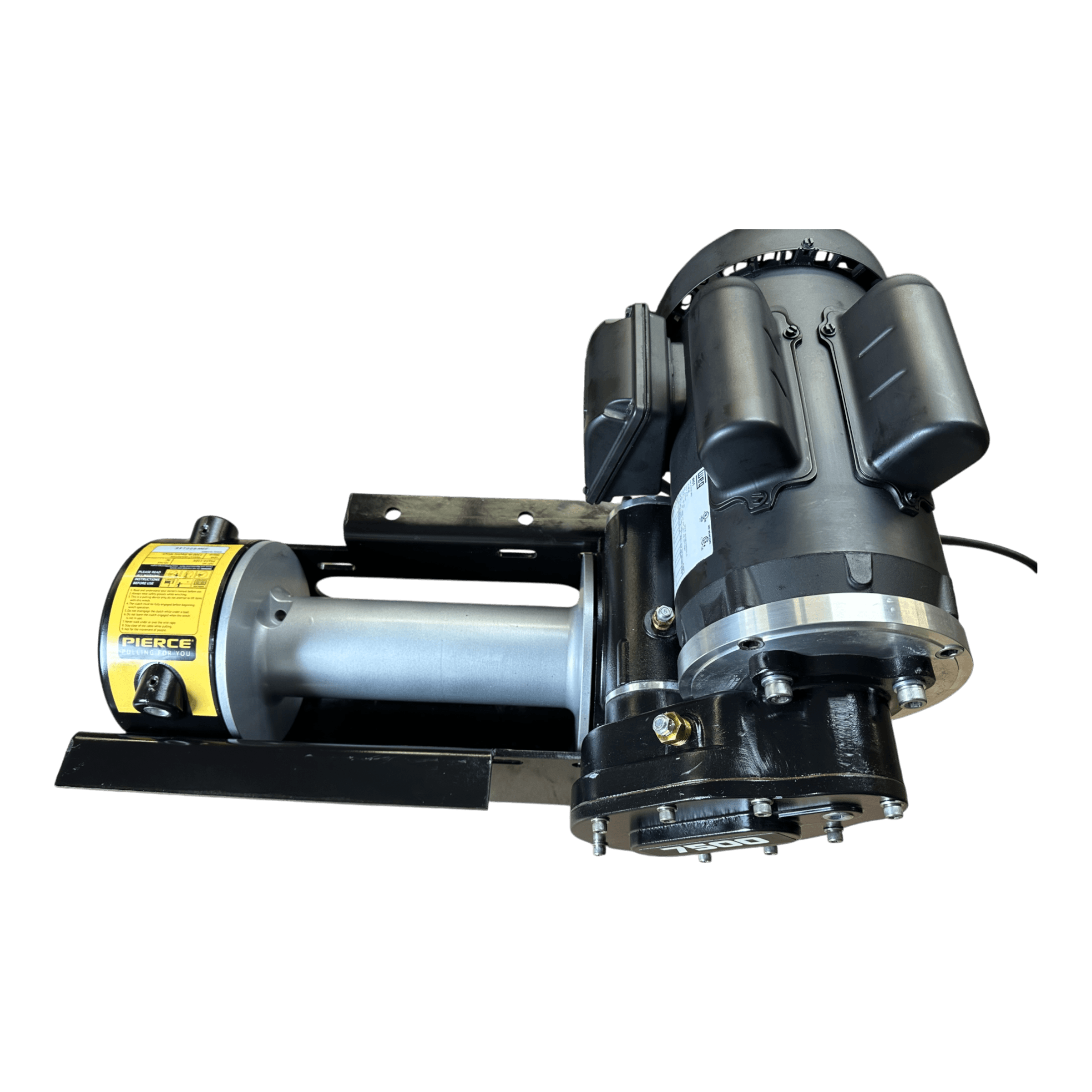 The PIERCE 110V Electric Winch – 7,500 lb, 11" Drum by PIERCE is shown in black and silver with a yellow label, mounted on a metal bracket for industrial pull systems against a white background.