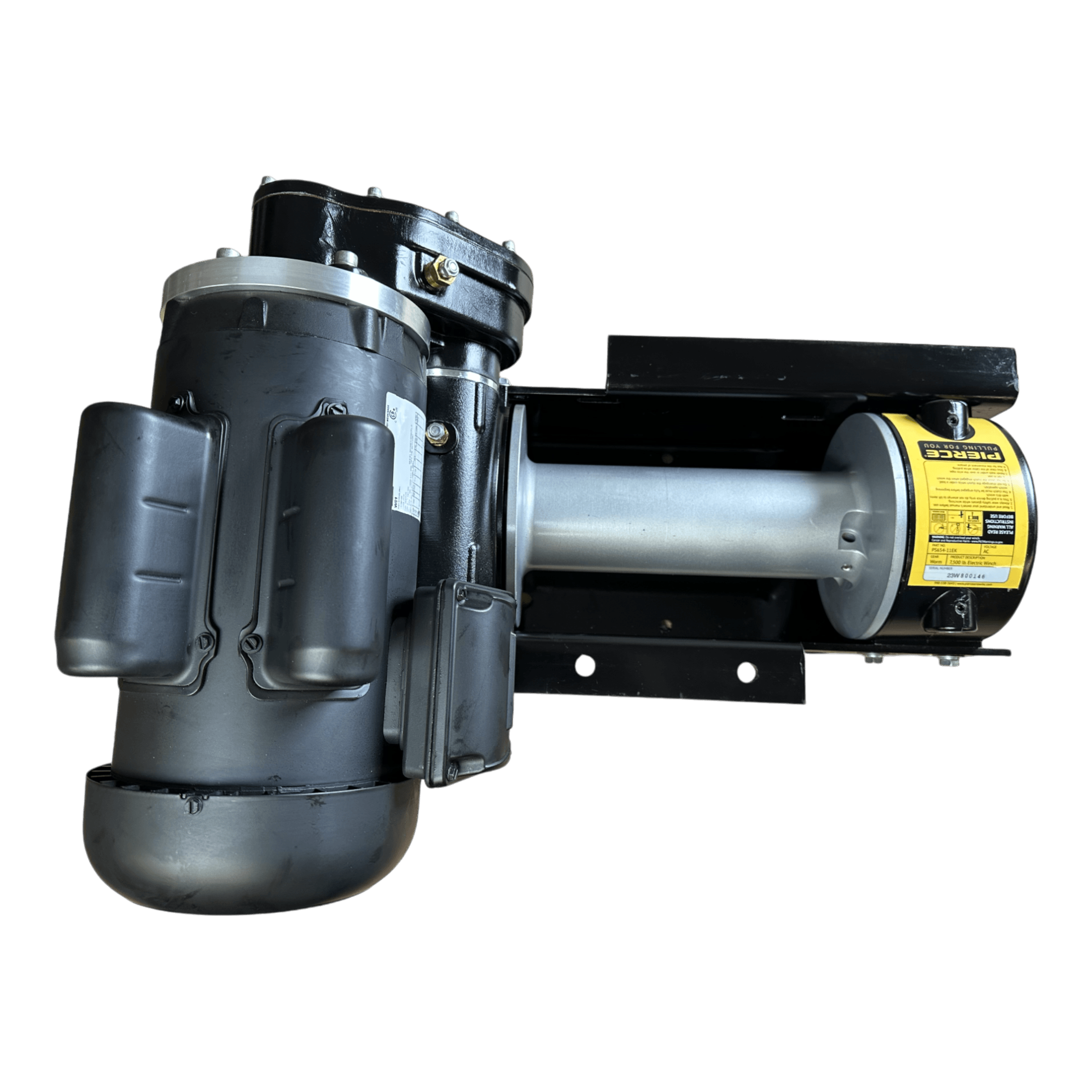 The PIERCE 110V Electric Winch – 7,500 lb, 11" Drum by PIERCE is shown in black and silver with a mounted blower on a black metal bracket, designed for industrial pulling systems, set against a white background.