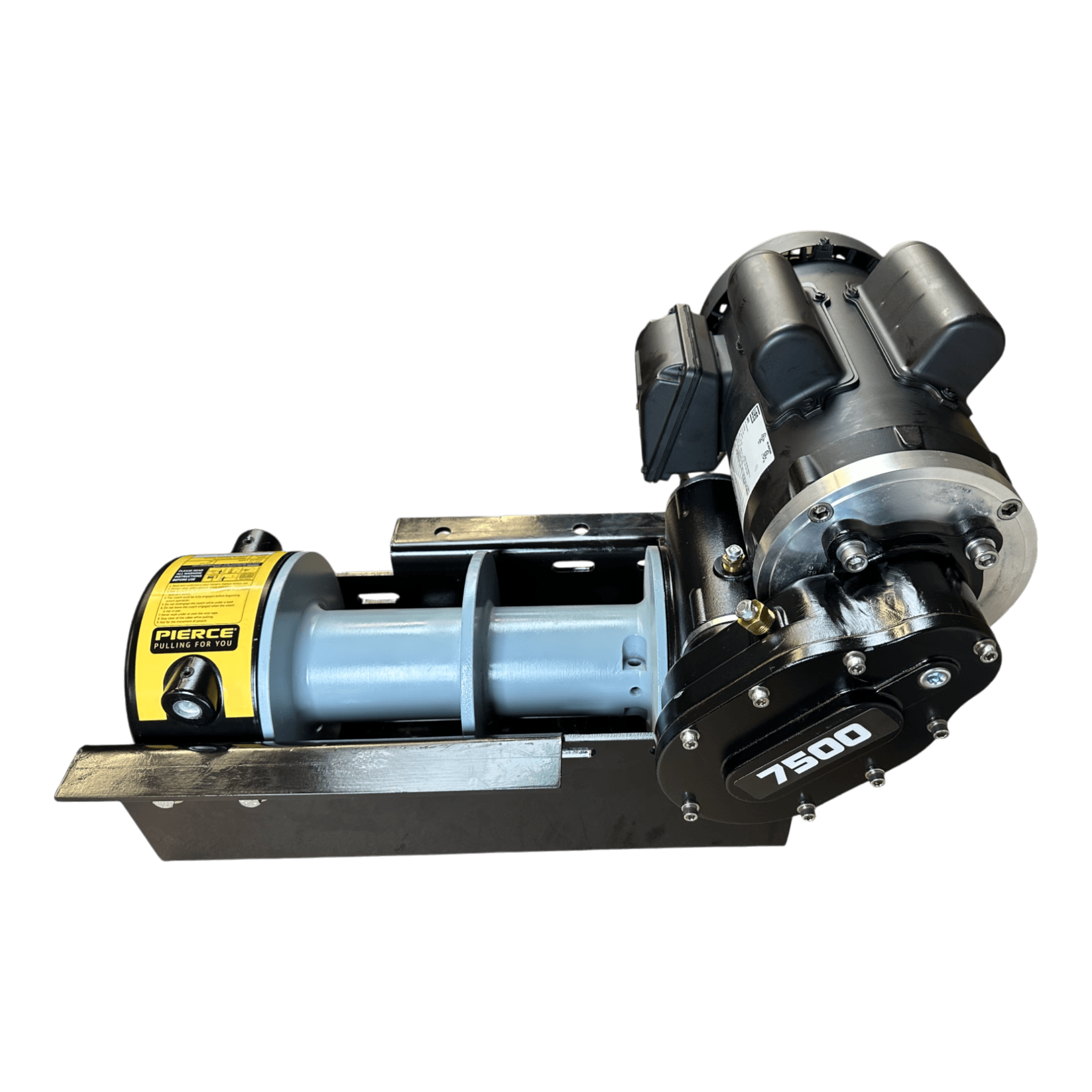 The PIERCE 110V Electric Winch – 7,500 lb, featuring a yellow label, is mounted on a metal base and photographed against a white background.