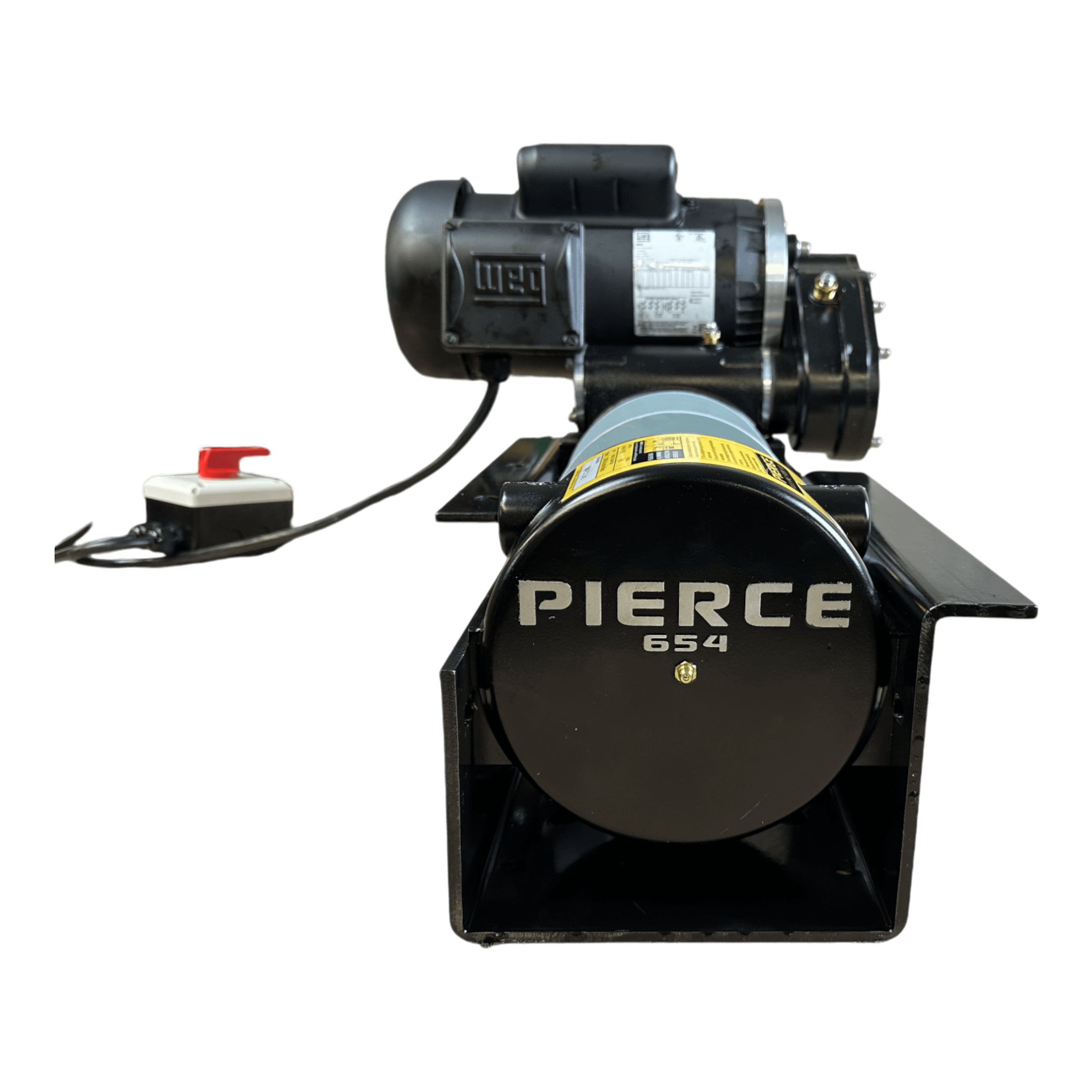 Front view of a PIERCE 110V Electric Winch – 7,500 lb, 11" Split Drum, featuring an attached switch and visible wiring, configured for dual cable winch applications.
