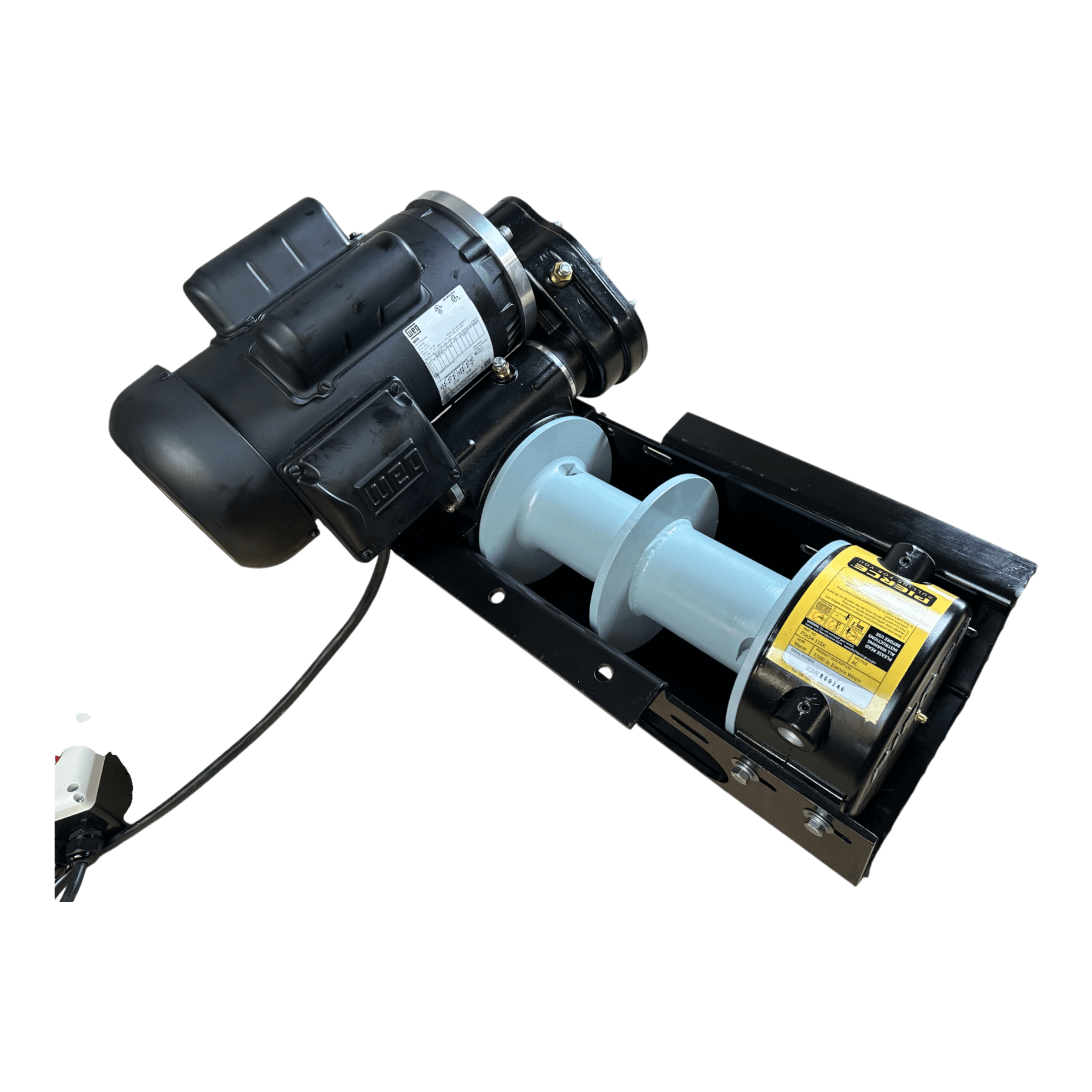 The PIERCE 110V Electric Winch – 7,500 lb, 11" Split Drum features a cable drum, mounting base, and motor. Its robust design allows precise control and efficient lifting—ideal as a worm gear winch for demanding tasks.