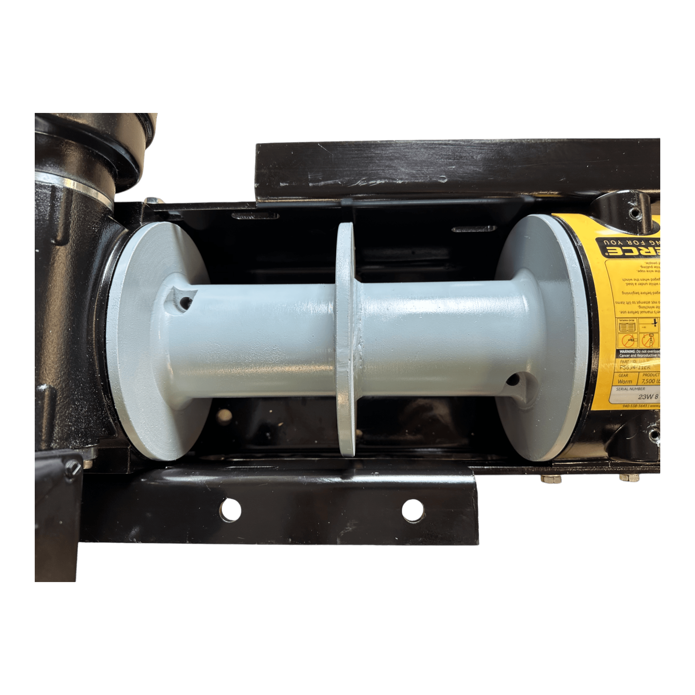 Front view of the PIERCE 110V Electric Winch – 7,500 lb, 11" Split Drum by PIERCE, showing the worm gear winch drum and a yellow label on the motor.