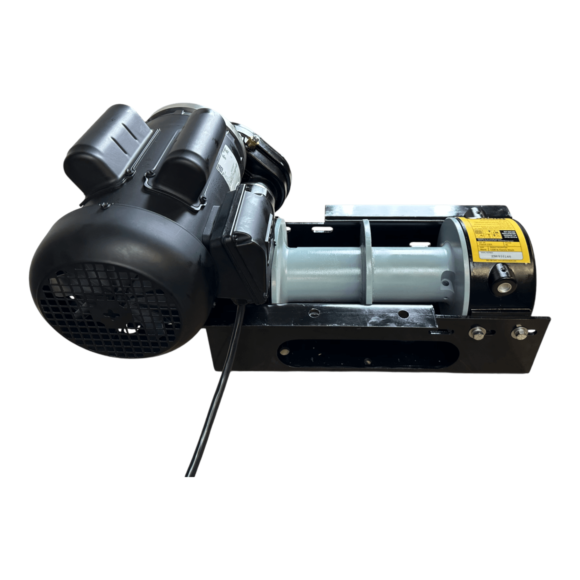 PIERCE 110V Electric Winch – 7,500 lb, 11" Split Drum with worm gear gearbox and mounting bracket by PIERCE shown on a white background.