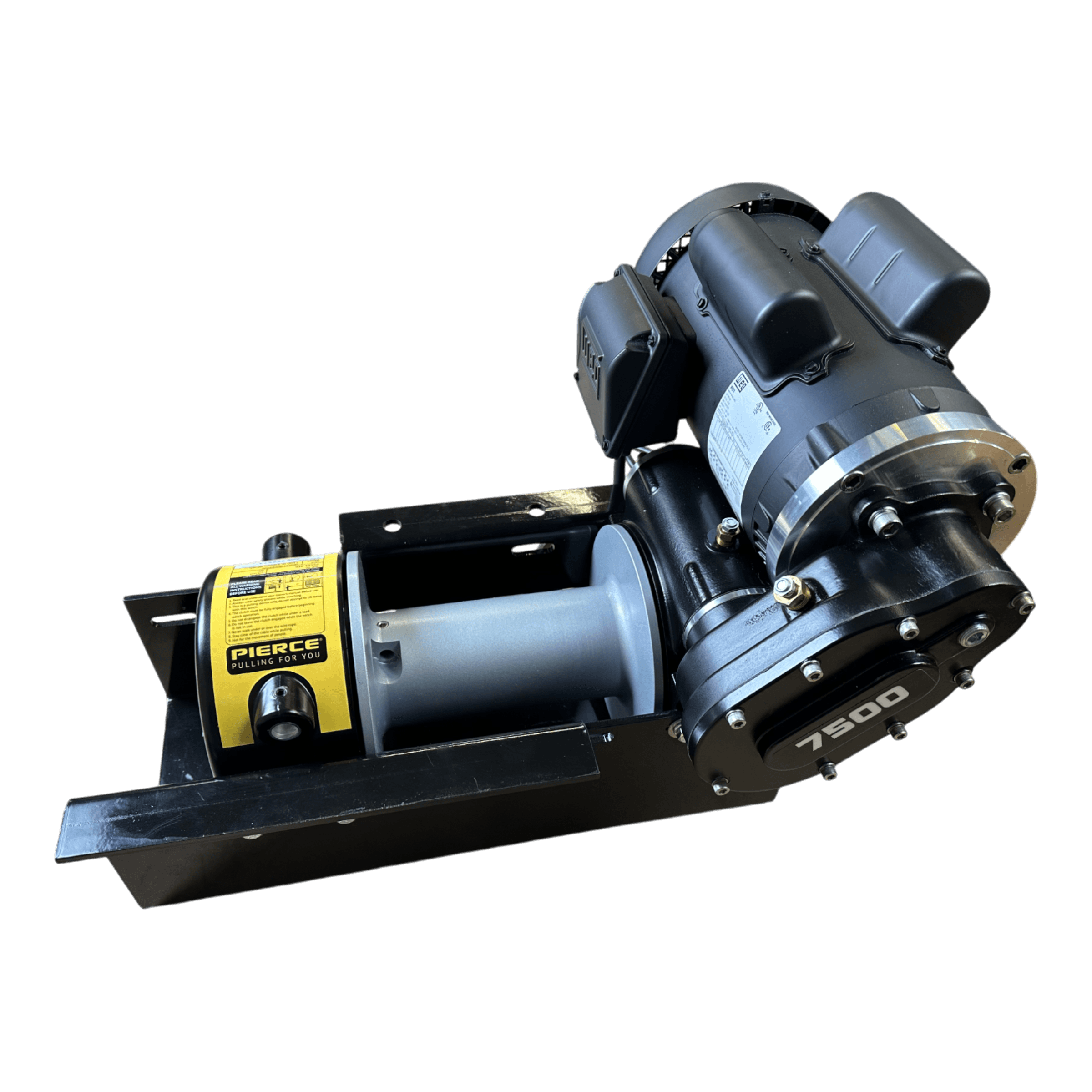 The PIERCE 110V Electric Winch – 7,500 lb, with an 8" drum and yellow label, is mounted on a black metal base. Ideal for heavy-duty industrial lifting, this winch is shown against a white background.