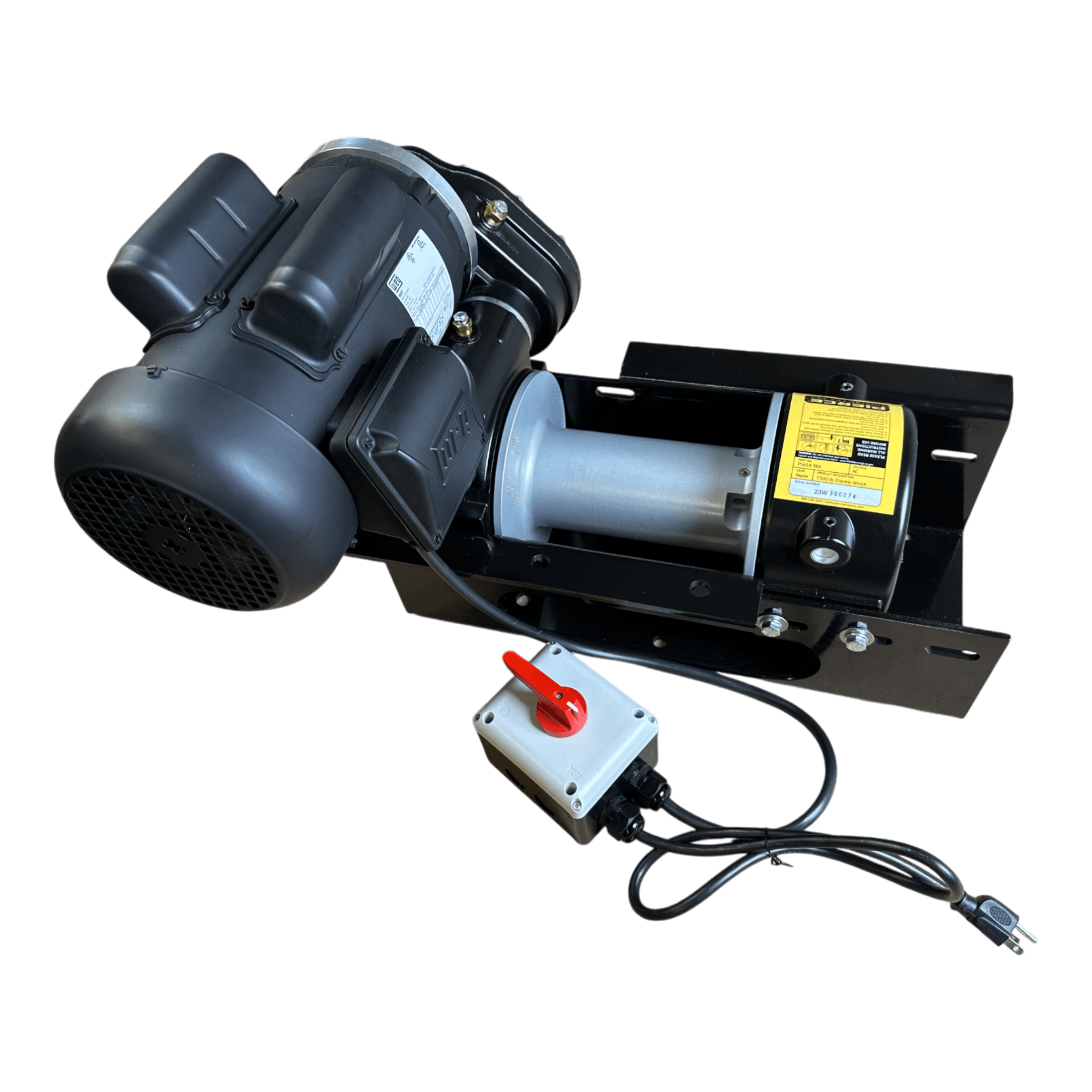 The PIERCE 110V Electric Winch – 7,500 lb, with control box and power cord, is mounted on a black metal plate—perfect as an industrial winch for lifting heavy loads.