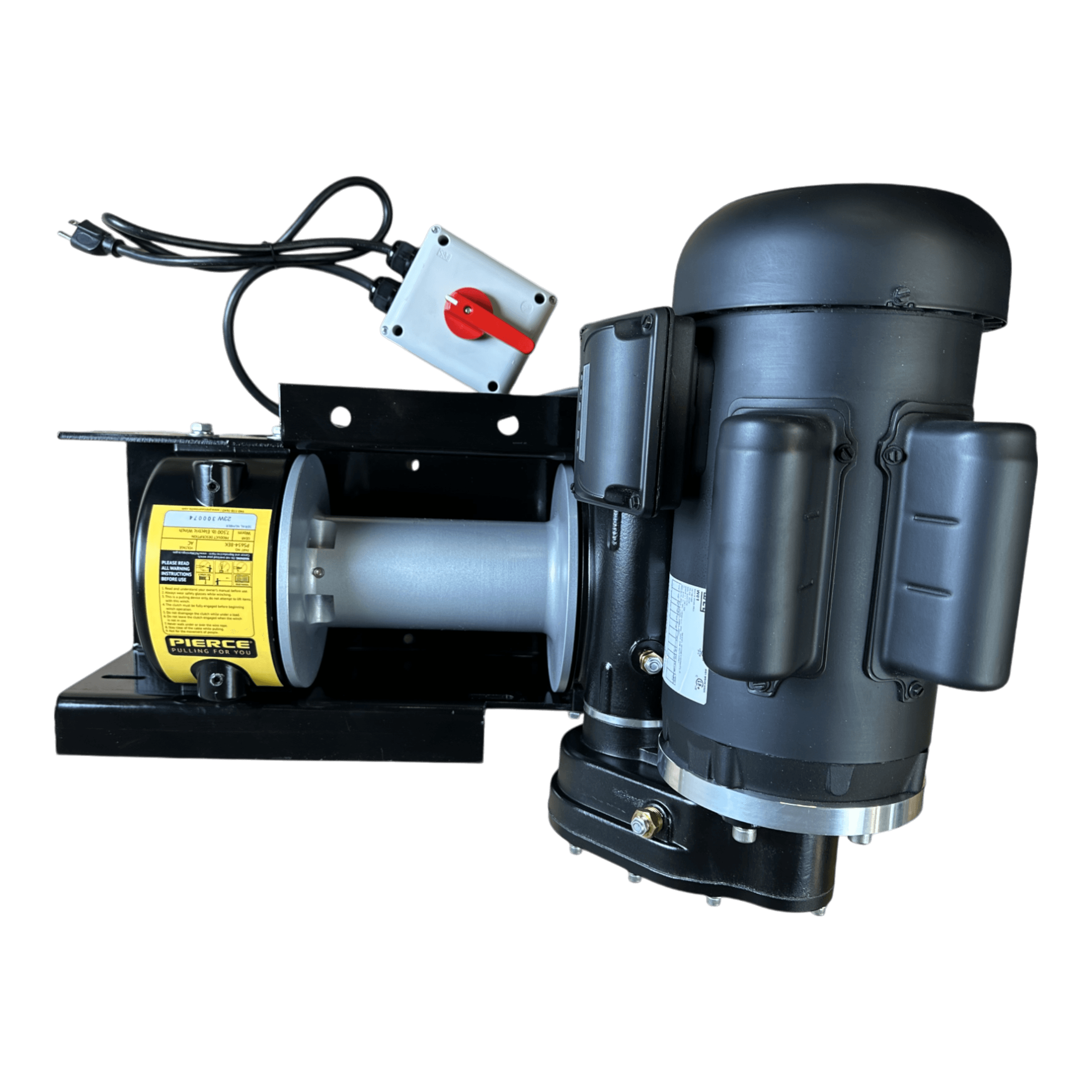 The PIERCE 110V Electric Winch – 7,500 lb, 8" Drum features a motorized control switch and power cord; this black heavy-duty winch is perfect for demanding industrial applications.