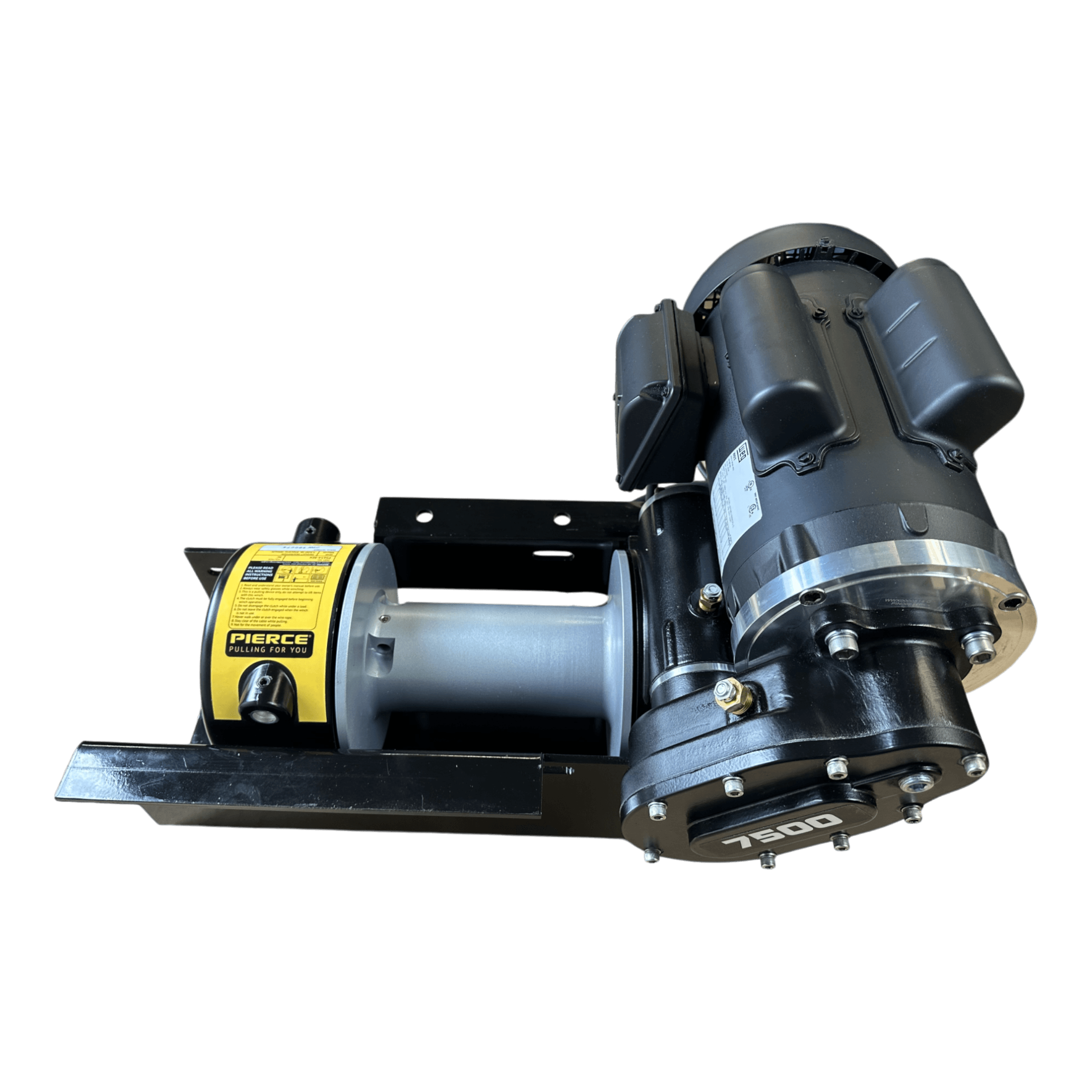 The PIERCE 110V Electric Winch – 7,500 lb, 8" Drum features a black and gray industrial design with a yellow label, mounted on a black metal base. Built by PIERCE for heavy-duty performance.