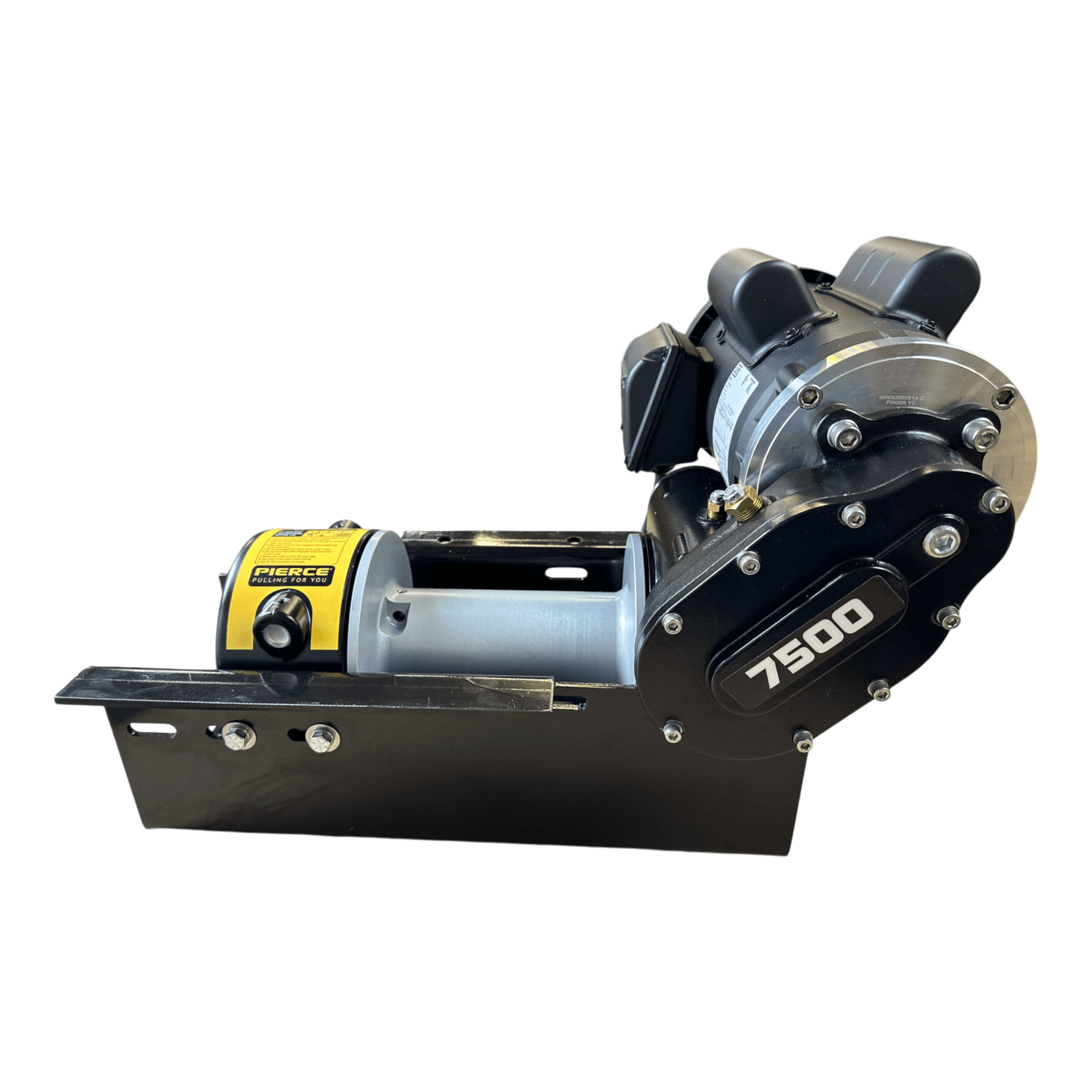 The PIERCE 110V Electric Winch – 7,500 lb features an 8" drum and sturdy black metal base, ideal for heavy-duty lifting and pulling. Reliable industrial performance from PIERCE, shown isolated on a white background.