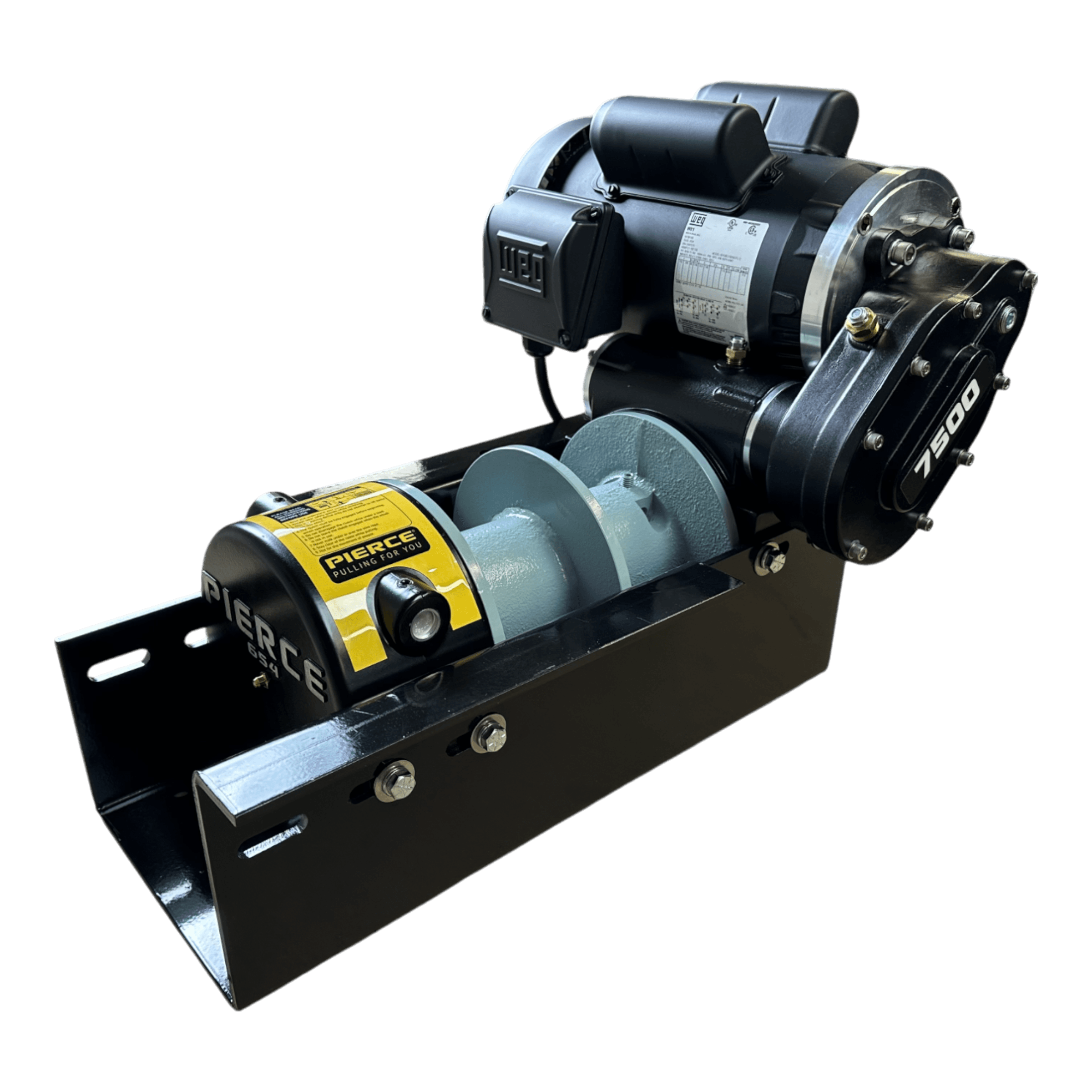 The PIERCE 110V Electric Winch features a black base, gray 8" split drum, yellow label, and visible motor and gear assembly. It delivers a 7,500 lb pulling capacity with dual pull points for versatile performance.