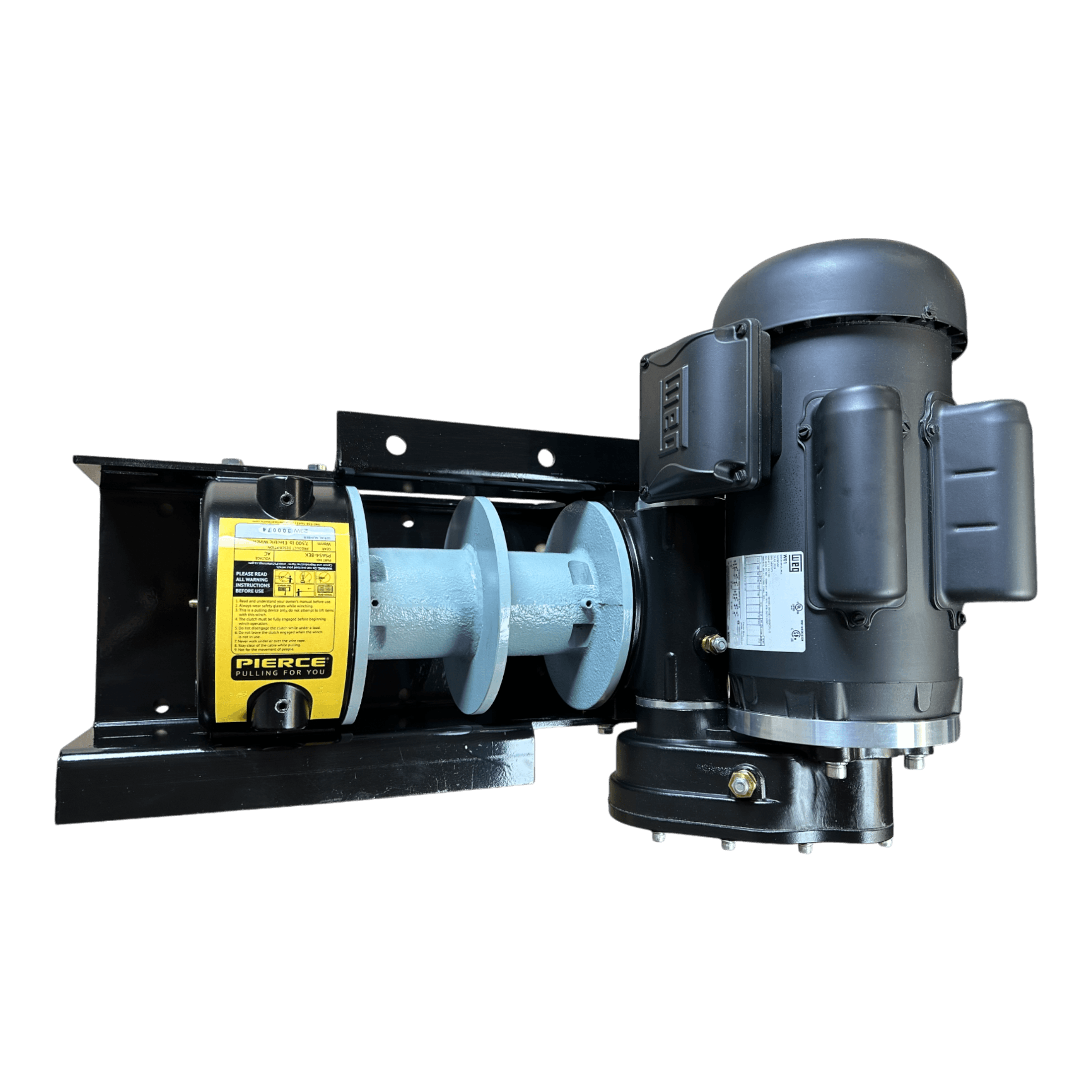 PIERCE 110V Electric Winch – 7,500 lb, 8" split drum by PIERCE, with a black housing and yellow warning label, dual pull points, isolated on a white background.