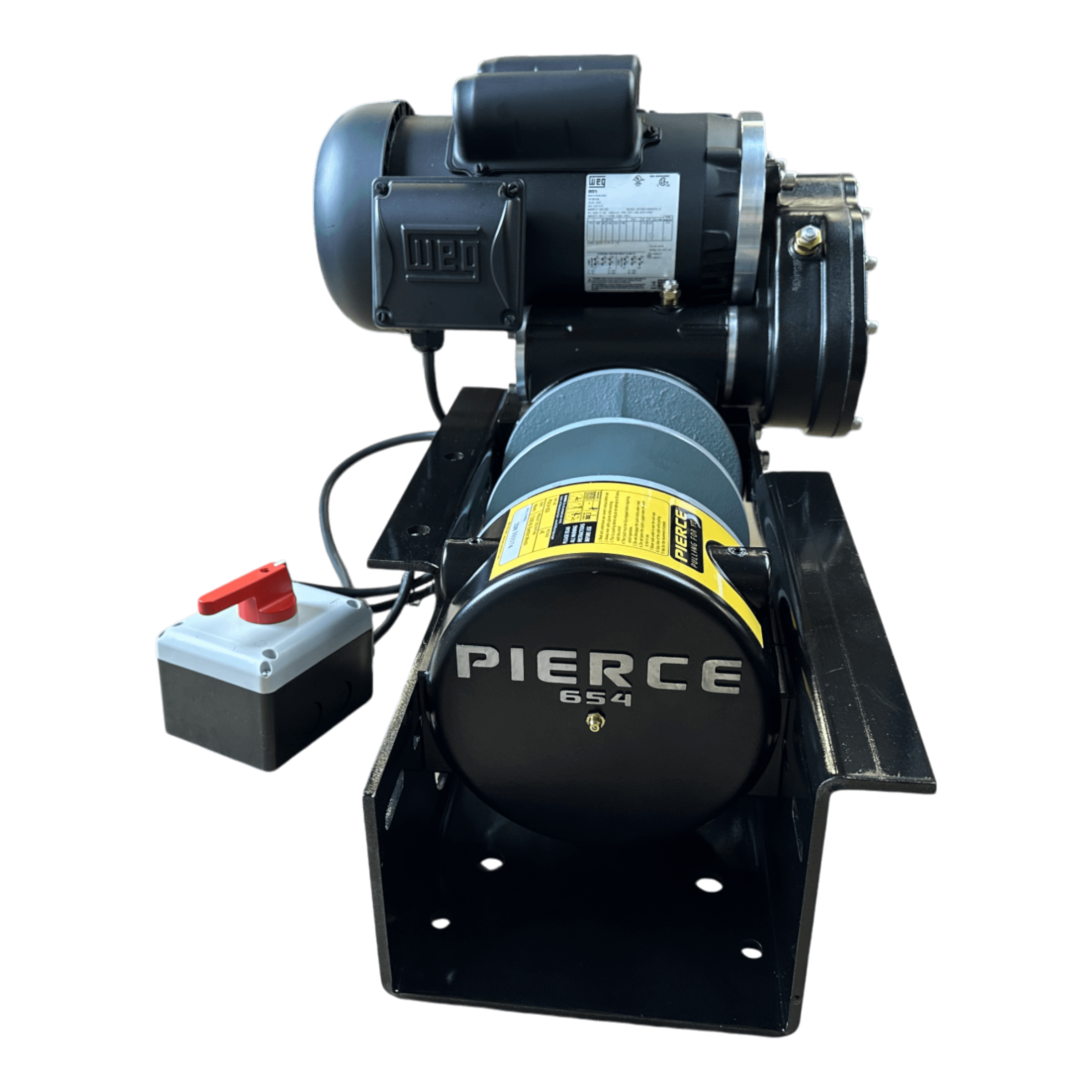 The PIERCE 110V Electric Winch, featuring an 8" split drum and a 7,500 lb pulling capacity, is shown with an attached control switch on a white background.