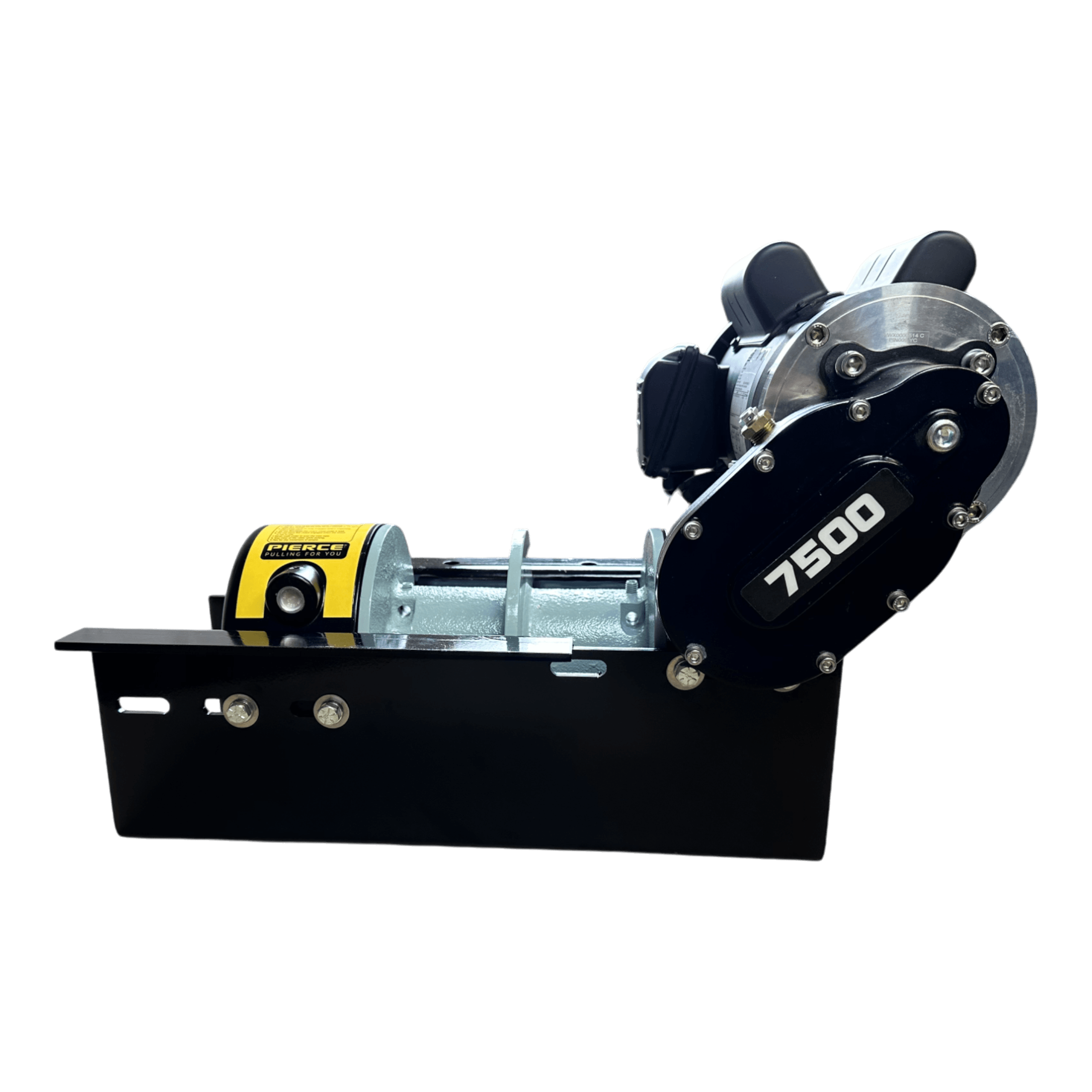 Side view of the PIERCE 110V Electric Winch – 7,500 lb, 8" Split Drum, featuring dual pull points and mounted on a black metal plate against a white background.