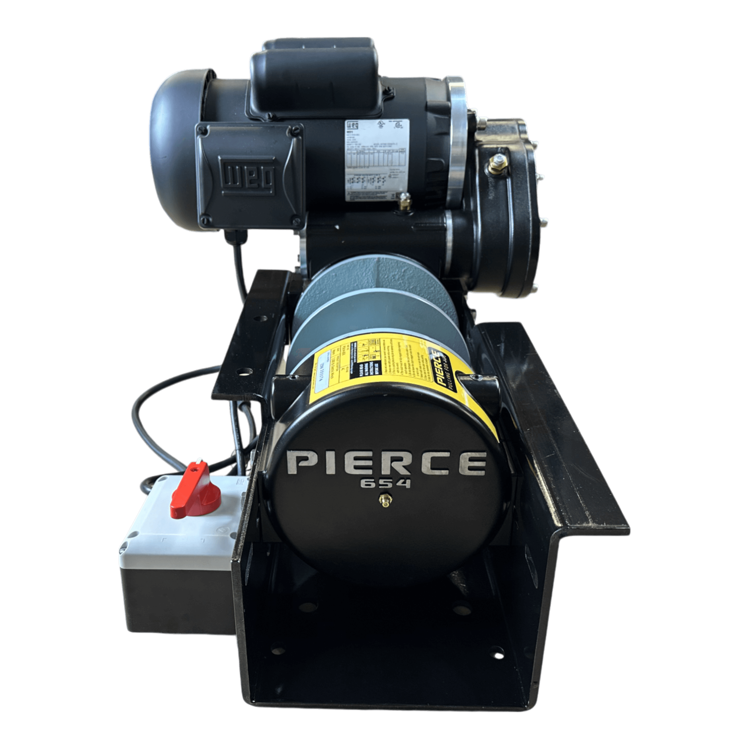 Front view of a black PIERCE 110V Electric Winch – 7,500 lb, 8" split drum, mounted on a metal frame with control box; features compact design for dual pull points and heavy-duty pulling power.