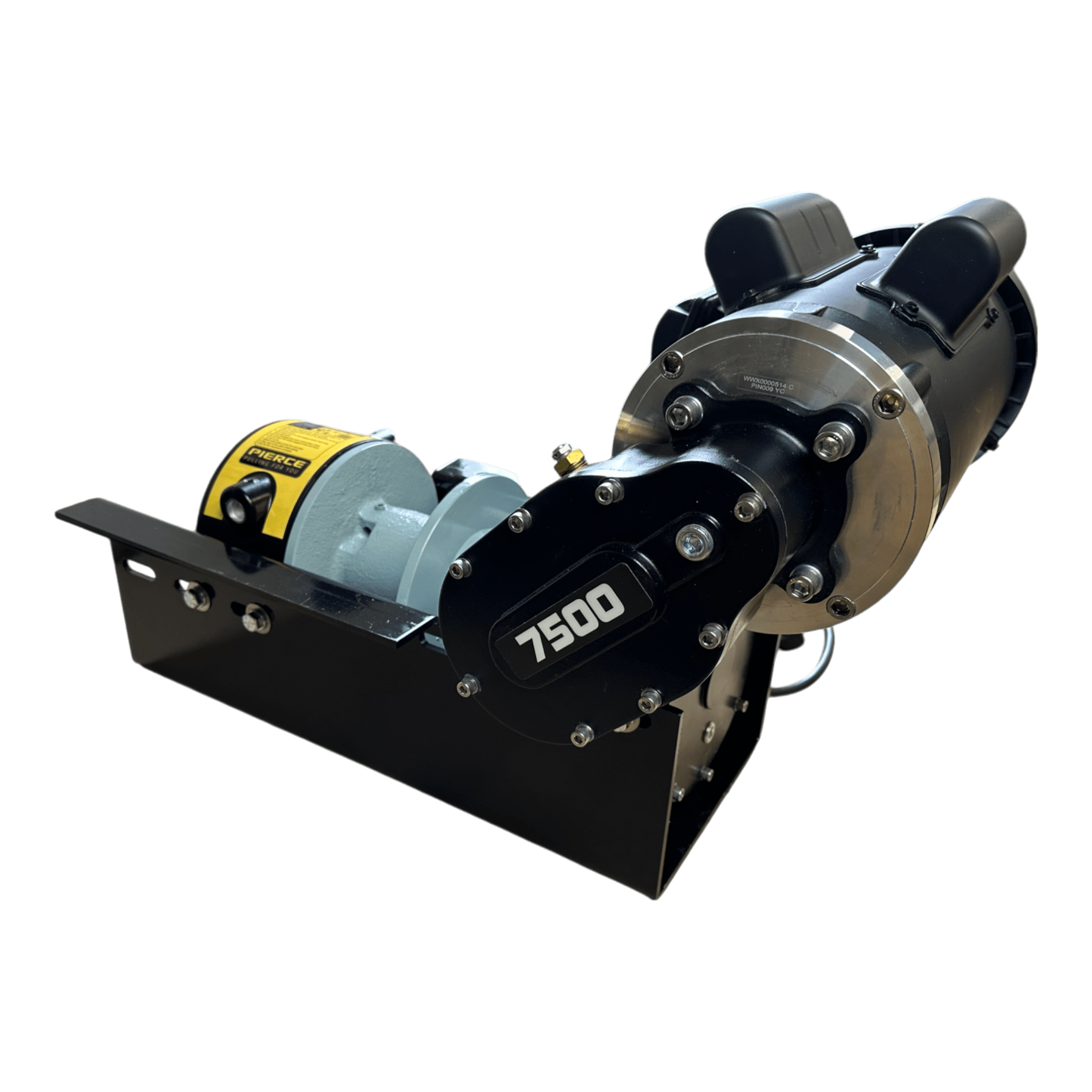The PIERCE 110V Electric Winch features a black and silver design, an 8" split drum, and a powerful 7,500 lb pulling capacity.