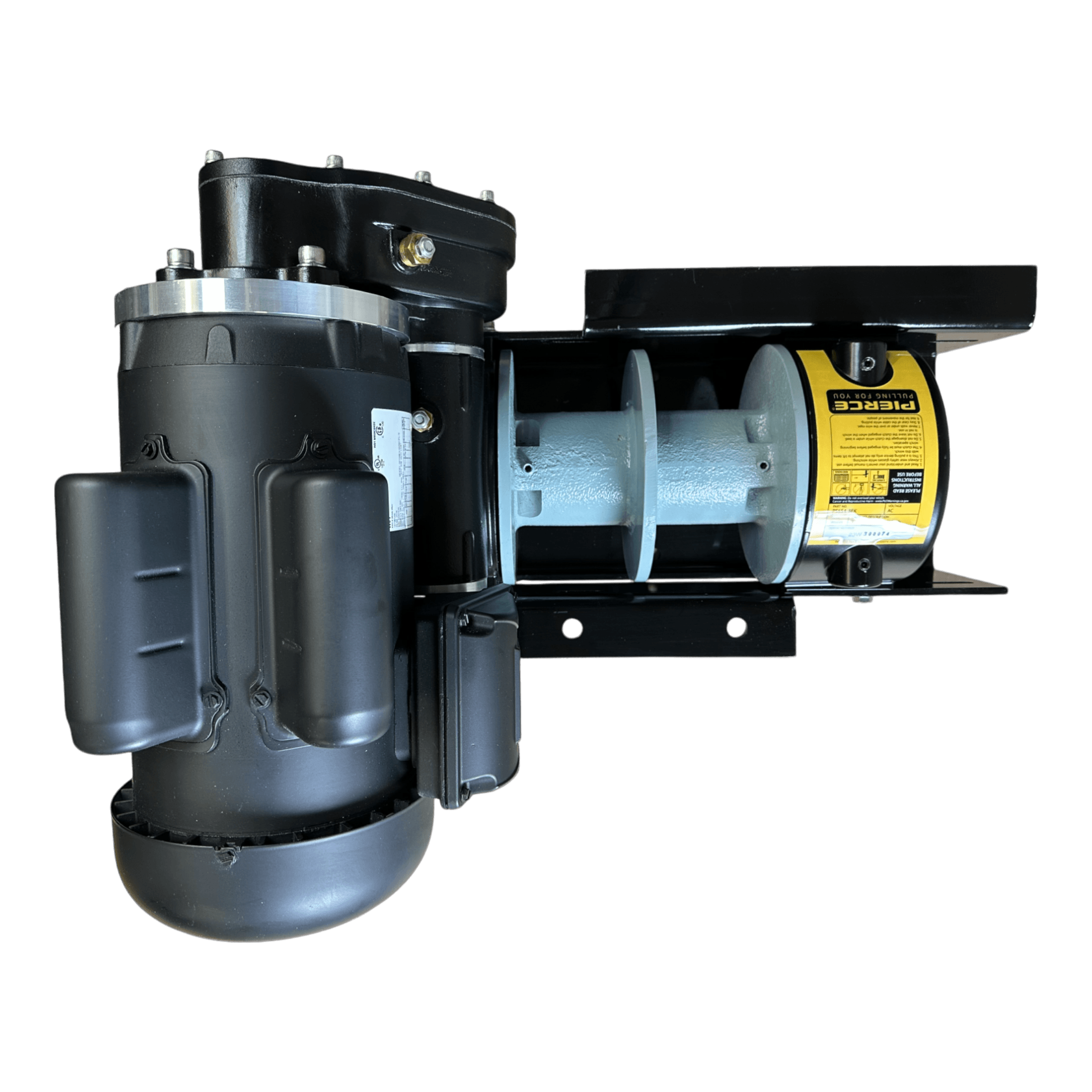 The PIERCE 110V Electric Winch features a 7,500 lb capacity and an 8" split drum. This industrial black winch with a visible spool and yellow label displays dual pull points on a white background.