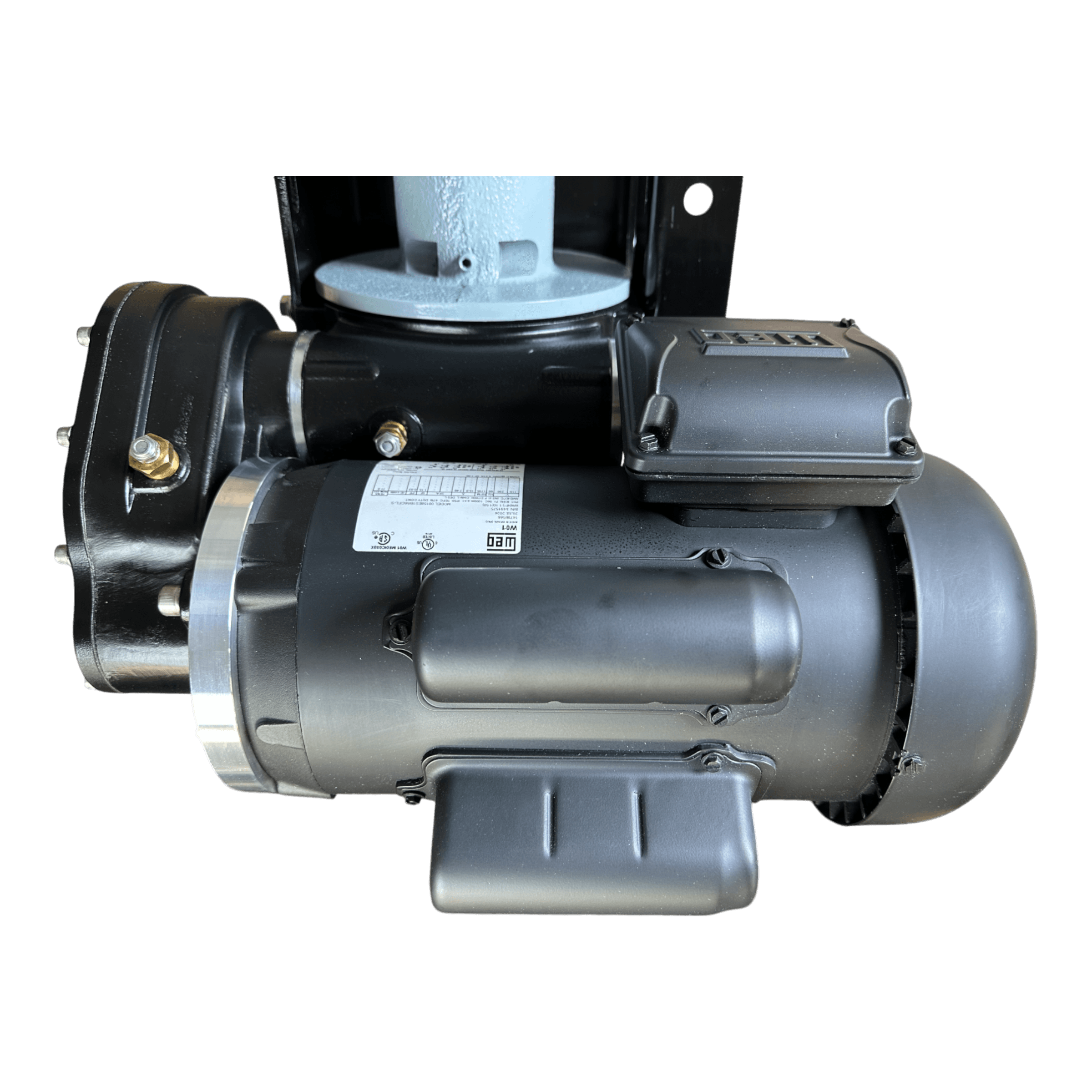 Close-up of a PIERCE 110V Electric Winch – 7,500 lb, 8" Split Drum, with dual pull points and protective housing, mounted on a metal frame.