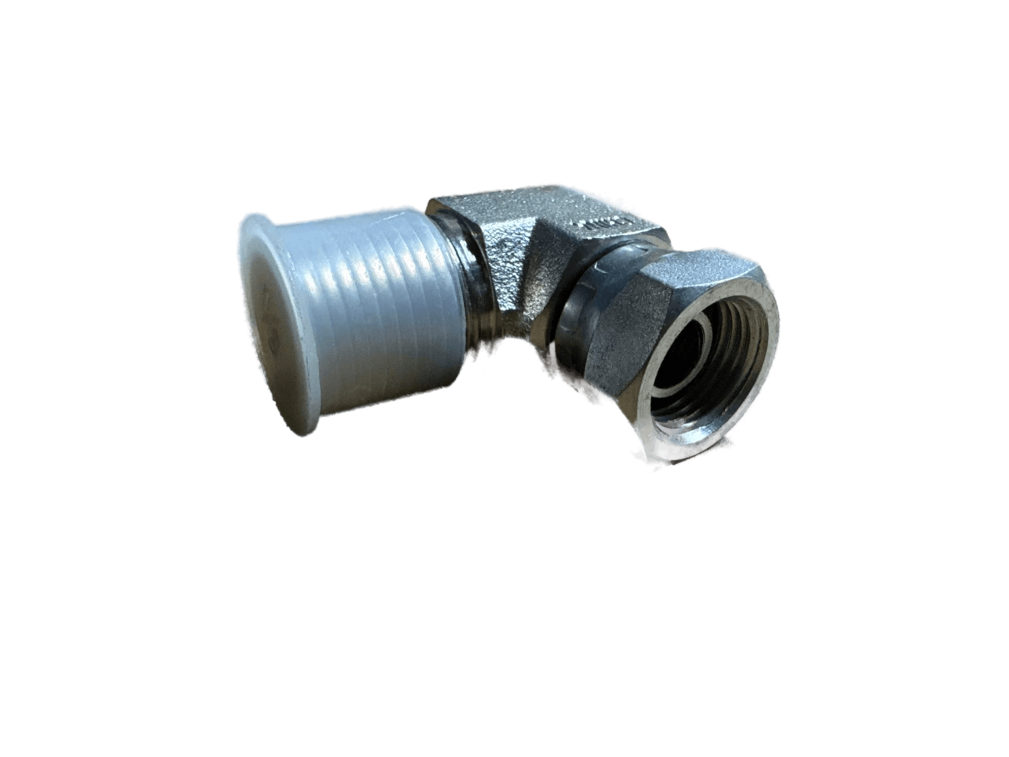 The PIERCE Hydraulics Fitting features a 90-degree swivel with male 1/2 in x female 3/8 in pipe threads, and includes a plastic cap on one end, shown isolated on a gray background.