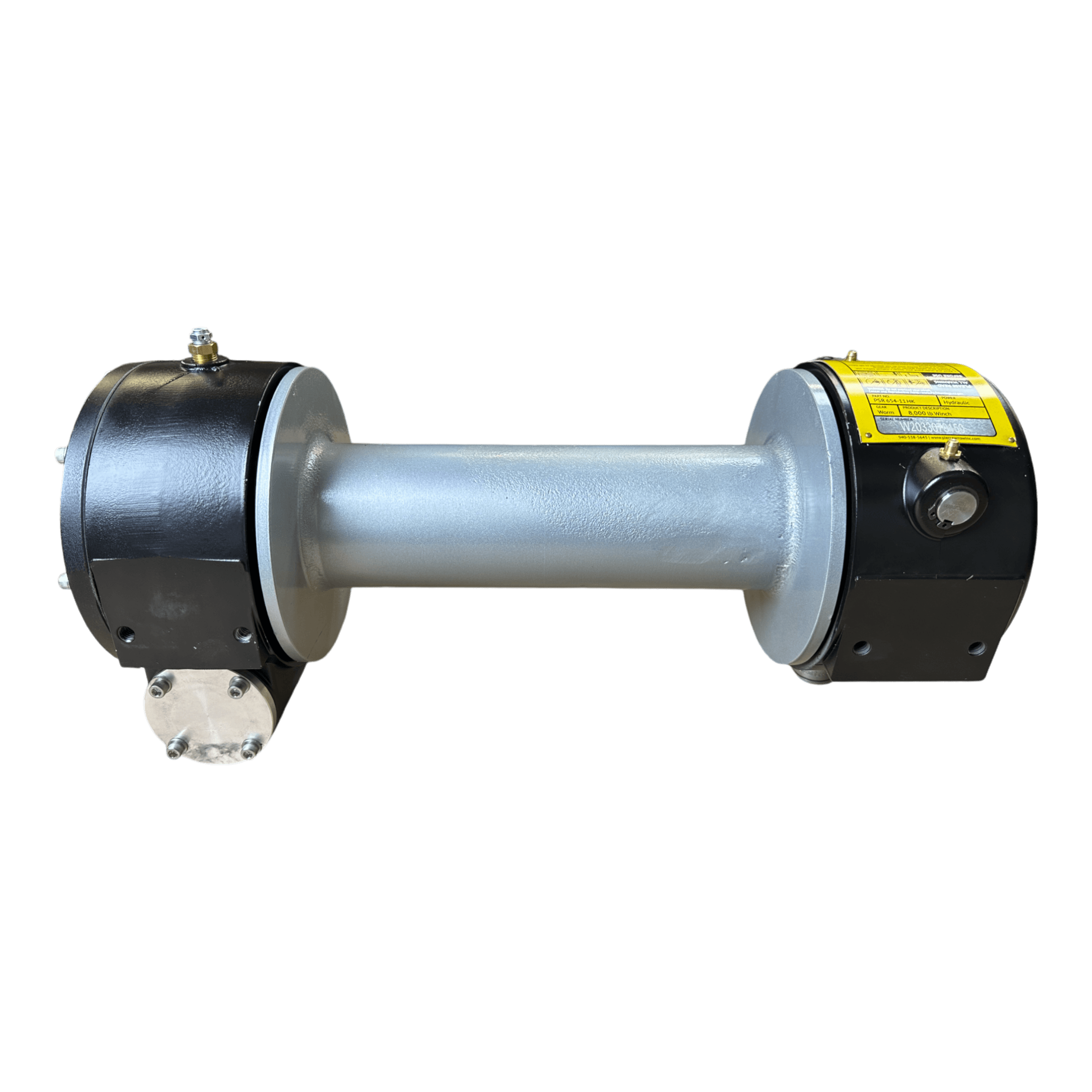 The PIERCE 8,000 lbs. 11" Drum Industrial Hydraulic Winch | Narrow Mount features a cylindrical metal body with black end caps and a visible label on the right side. Designed for heavy-duty tasks, this winch is ideal as a replacement part for the Pierce Hydraulic Worm Gear winch and is photographed against a black background.