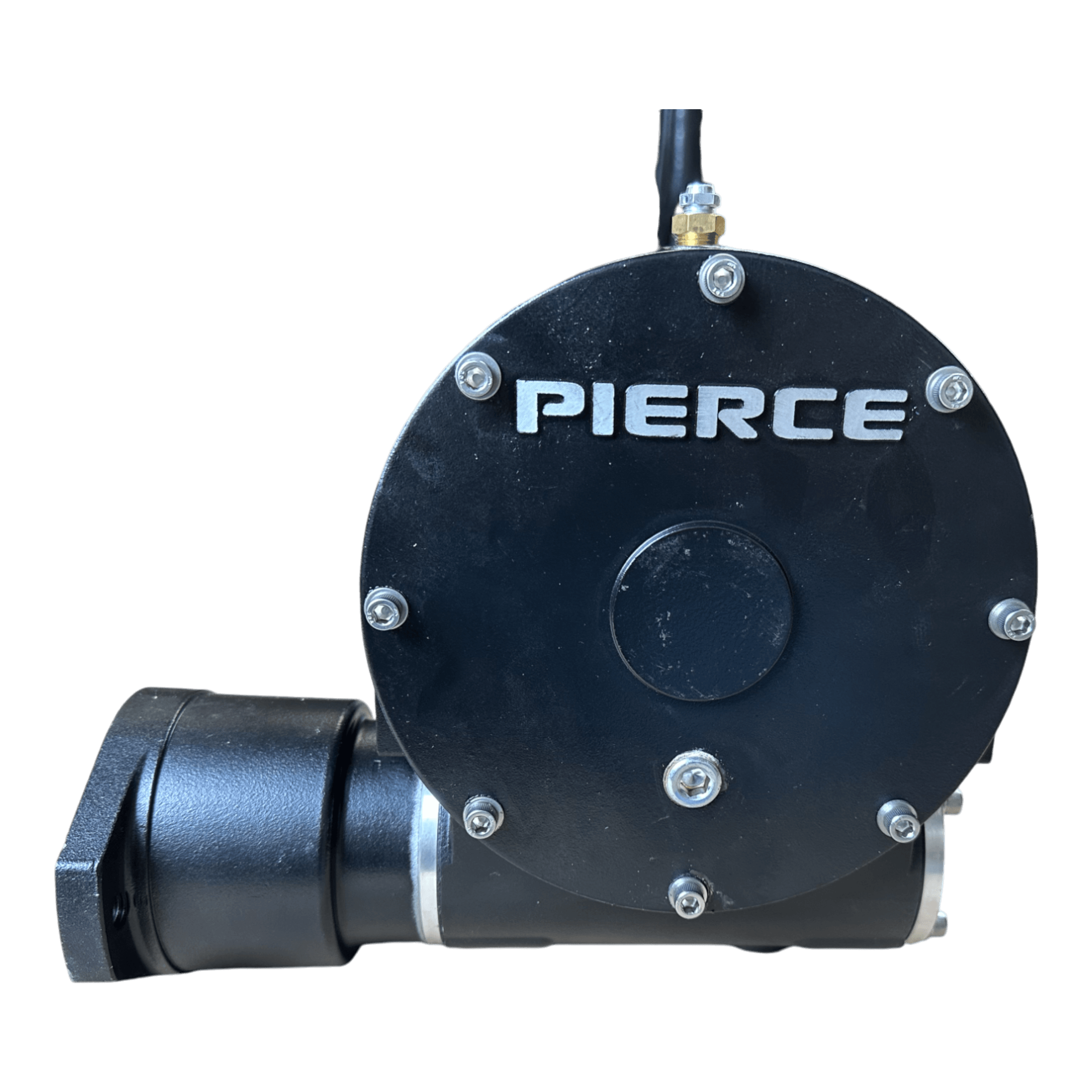 Black circular machine component featuring the PIERCE text, accompanied by bolts and a cable on a plain background, perfect for heavy-duty applications. This essential replacement part ensures your 8,000 lbs. 11" Drum Industrial Hydraulic Winch | Narrow Mount from Pierce operates smoothly and reliably.