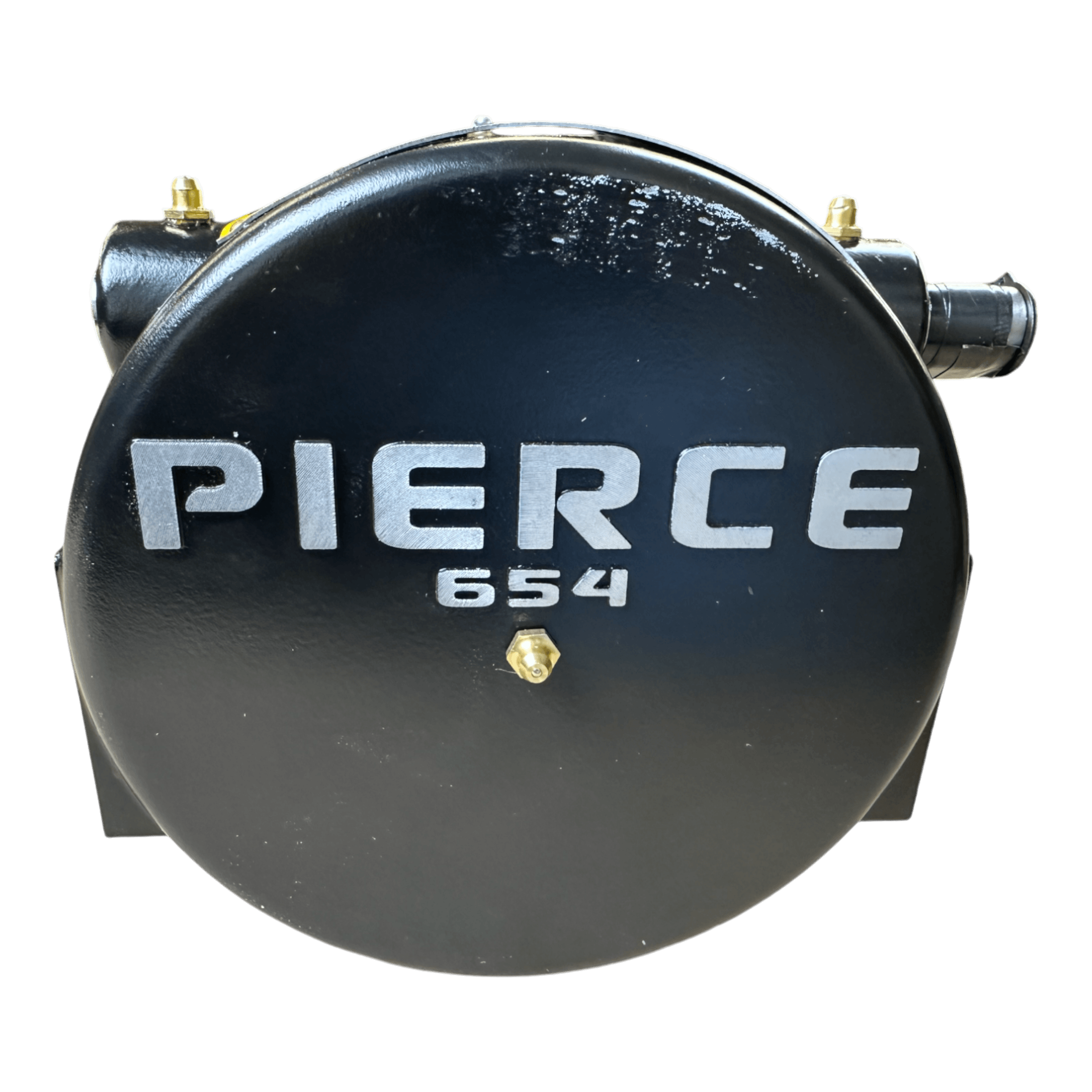 A black circular device designed for heavy-duty tasks, displaying the name "8,000 lbs. 11\" Drum Industrial Hydraulic Winch | Narrow Mount" in silver letters against a white background—part of the PIERCE Hydraulic Worm Gear winch series.