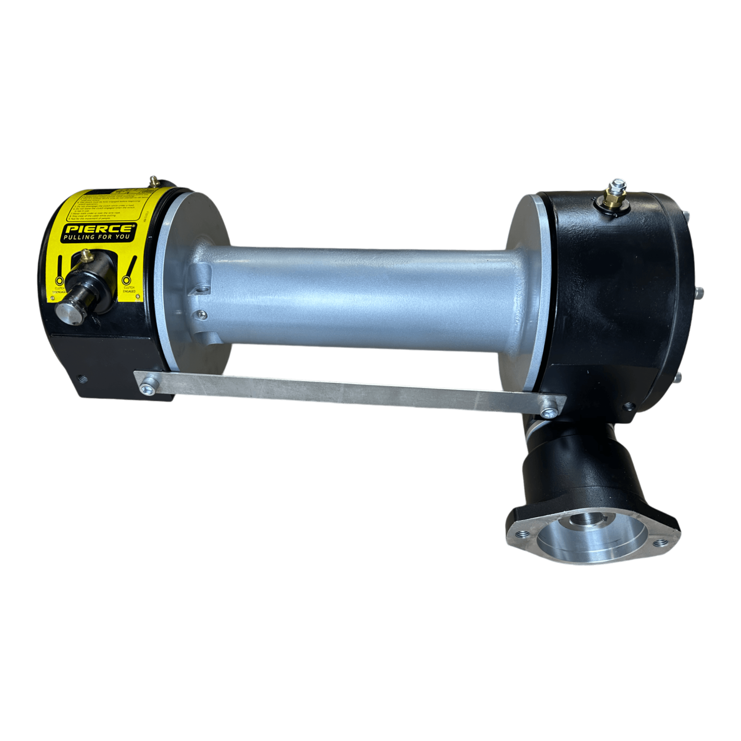 Yellow-labeled against a sleek black background, the PIERCE 8,000 lbs. 11" Drum Industrial Hydraulic Winch | Narrow Mount is engineered for heavy-duty tasks, effortlessly managing any challenge while ensuring seamless operation with available replacement parts.