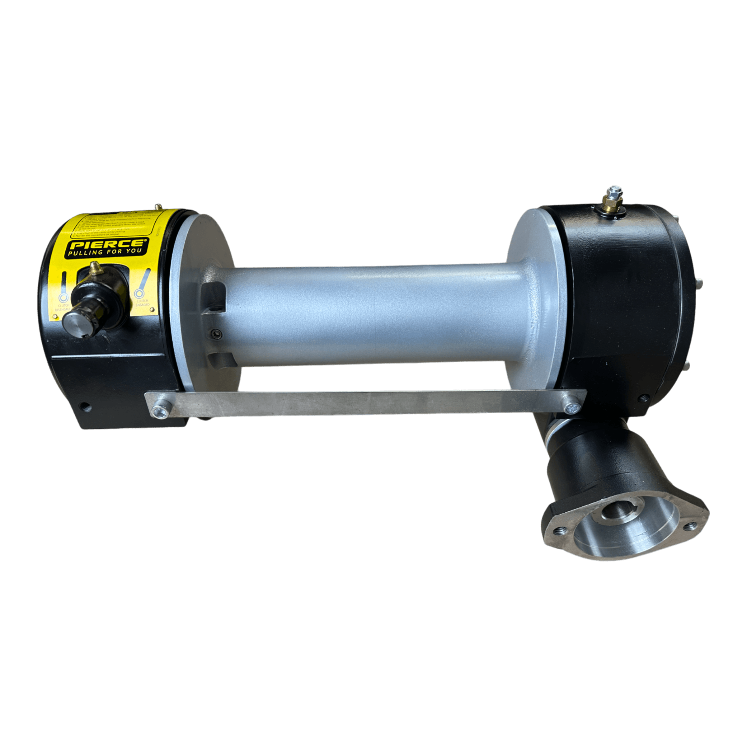 Designed for heavy-duty tasks, the robust 8,000 lbs. 11" Drum Industrial Hydraulic Winch | Narrow Mount by PIERCE features black and metallic components that stand out against a black background. This expertly crafted piece of equipment enhances precision and reliability in demanding environments, ensuring it complements the efficiency of an industrial pipe cutter perfectly.