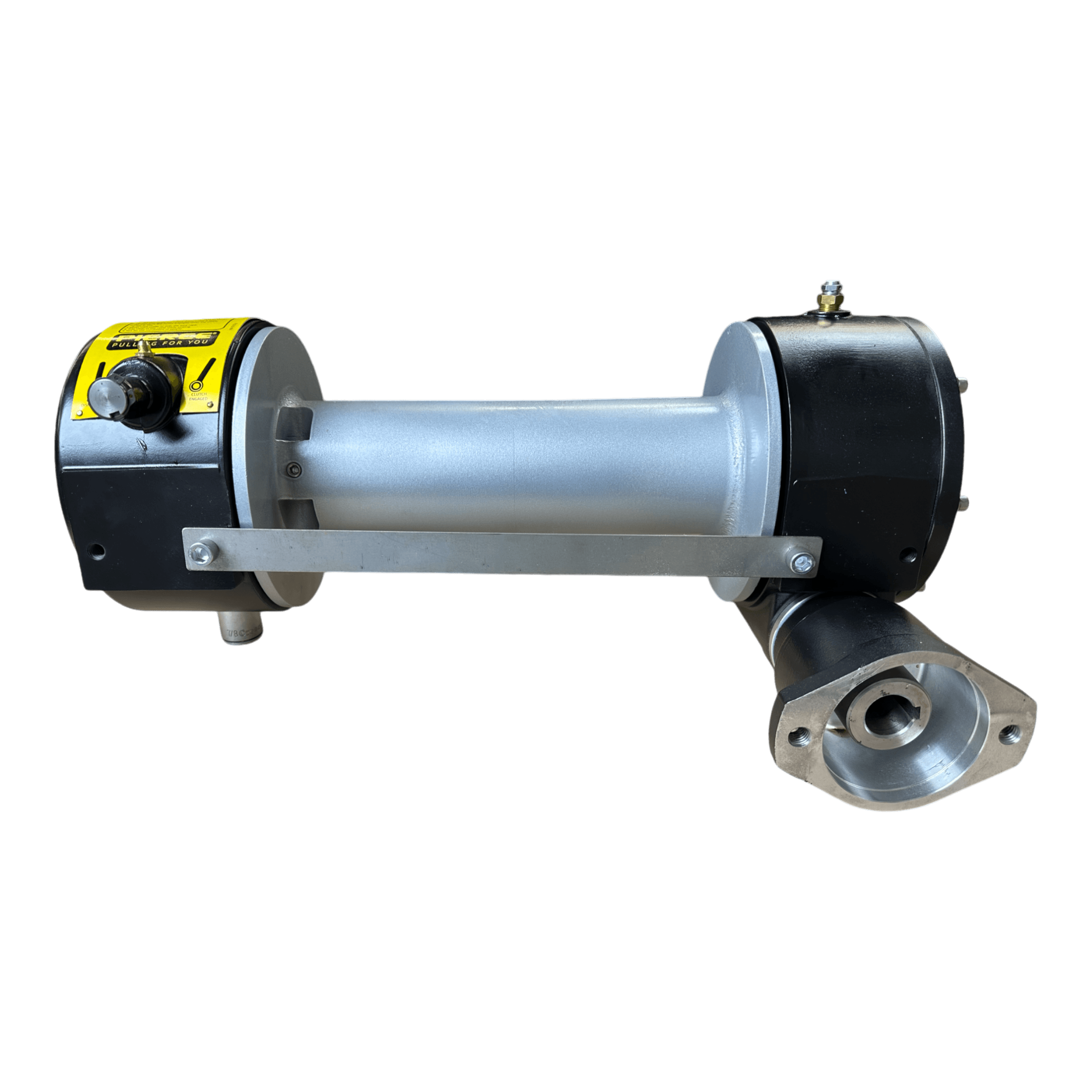 The PIERCE 8,000 lbs. 11" Drum Industrial Hydraulic Winch | Narrow Mount is a cylindrical component crafted for heavy-duty applications, showcasing a silver barrel with black end caps against a black backdrop. It serves as an ideal replacement part for the Pierce Hydraulic Worm Gear winch.