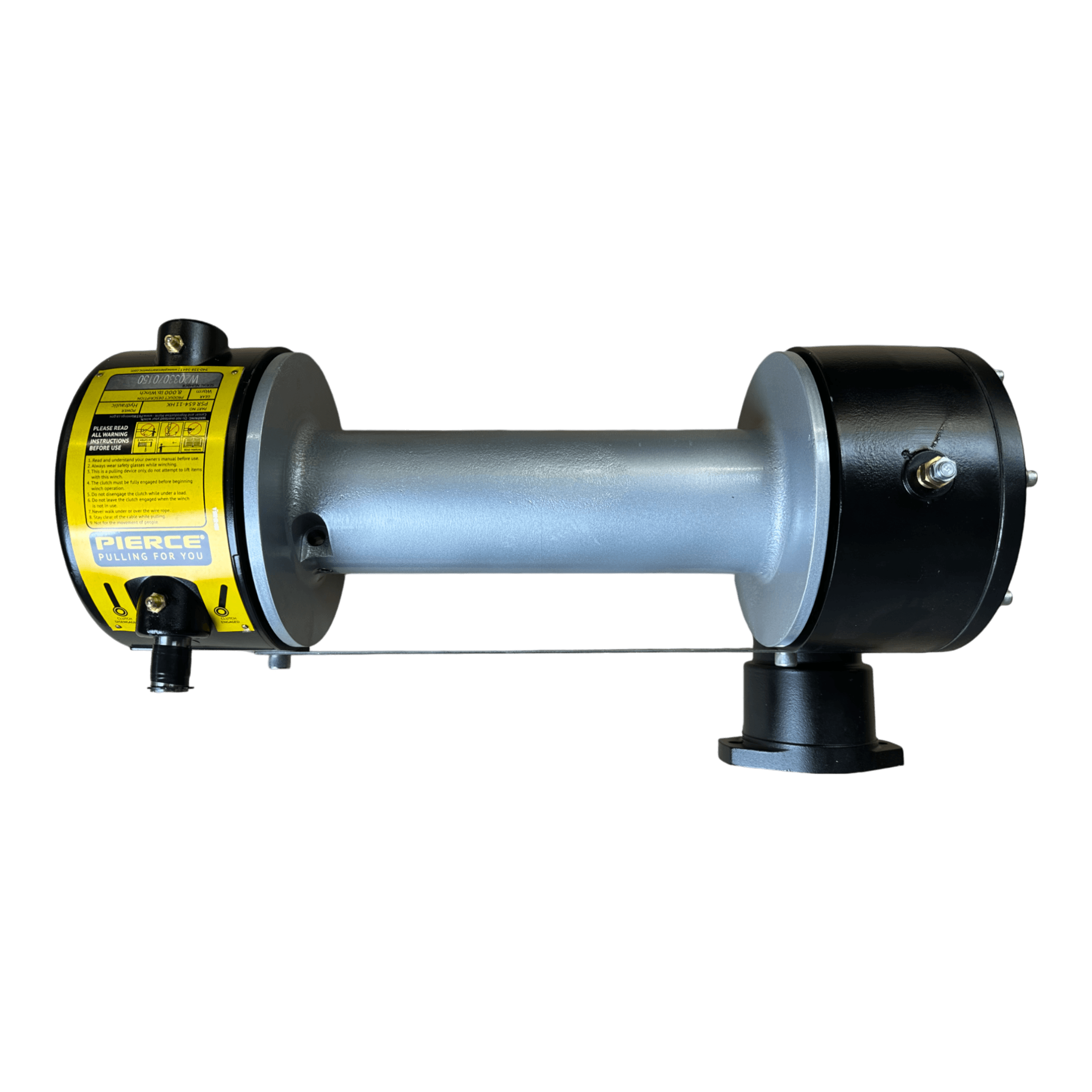 An 8,000 lbs. PIERCE Industrial Hydraulic Winch with an 11" drum and a narrow mount, featuring a yellow label and a gray barrel on a black background, ideal for heavy-duty tasks.