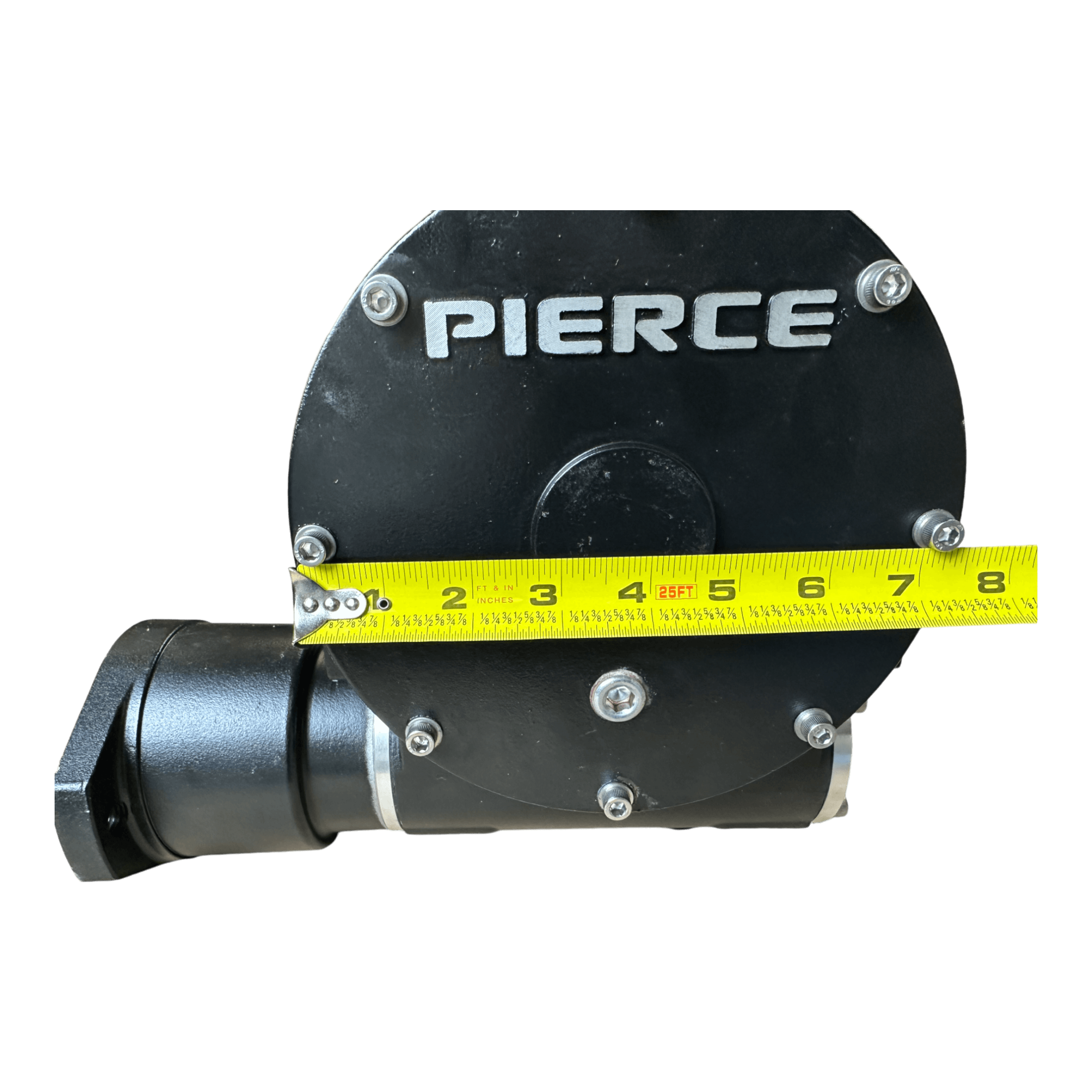 A black mechanical device from PIERCE, featuring a yellow measuring tape with a width of approximately 6 inches, serves as an ideal heavy-duty solution and can be used as reliable replacement parts for your Pierce 8,000 lbs. 11" Drum Industrial Hydraulic Winch | Narrow Mount.