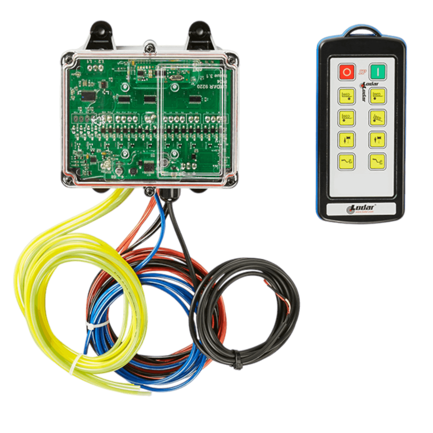 The 8 Function IP Wireless Actuator Control System, part of the 92 Series by Lodar LTD, with its FET Air Receiver and absence of actuators, features an electronic circuit board with colorful wires positioned beside a remote control equipped with various buttons, seamlessly integrating an IP 65 transmitter for enhanced functionality.