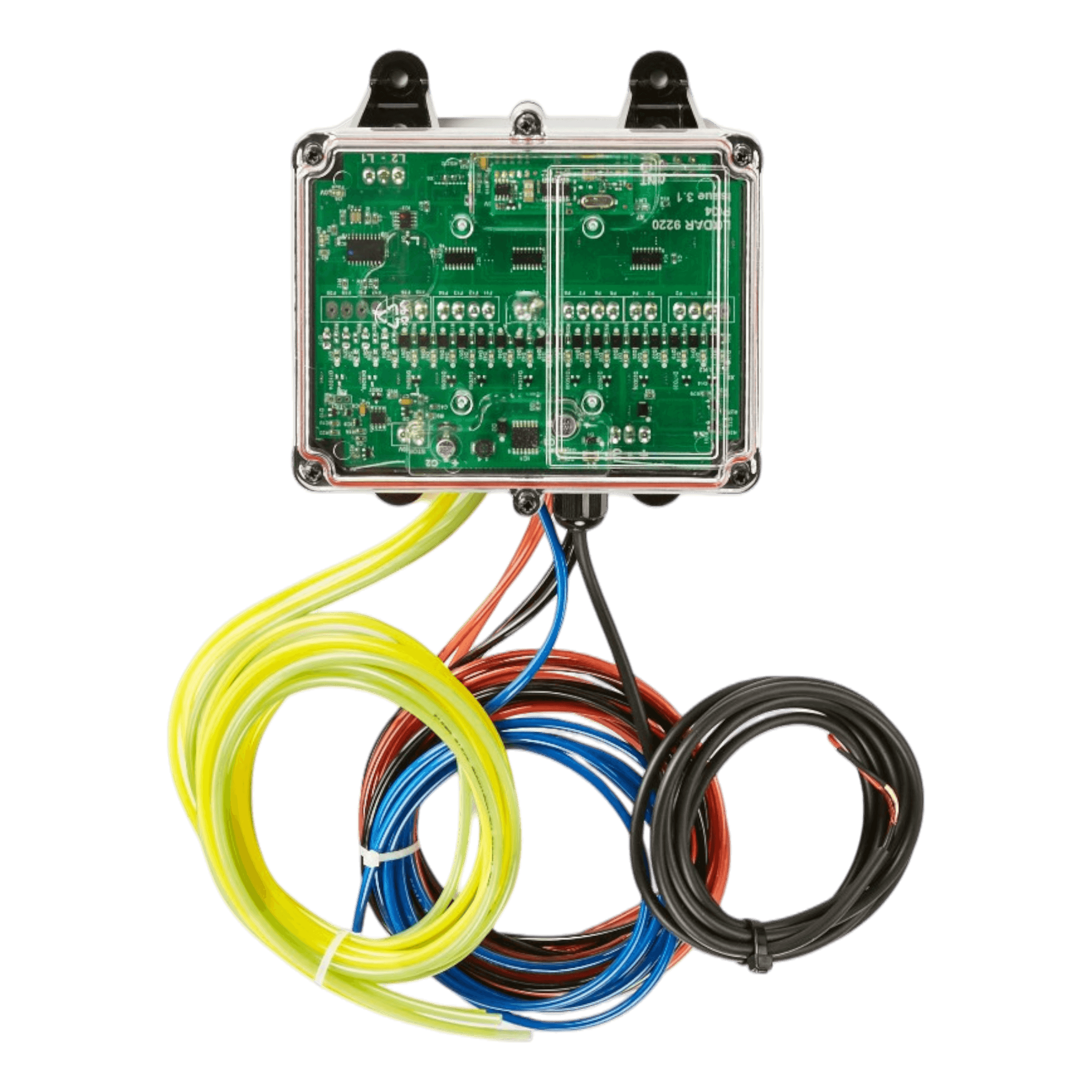 The 8 Function Lodar Replacement FET Air Receiver (92 Series) by Lodar LTD features a green circuit board with an array of colored cables in yellow, blue, black, and red against a white background. It is the ideal choice for replacement tasks in systems using FET air receivers or Lodar actuators.