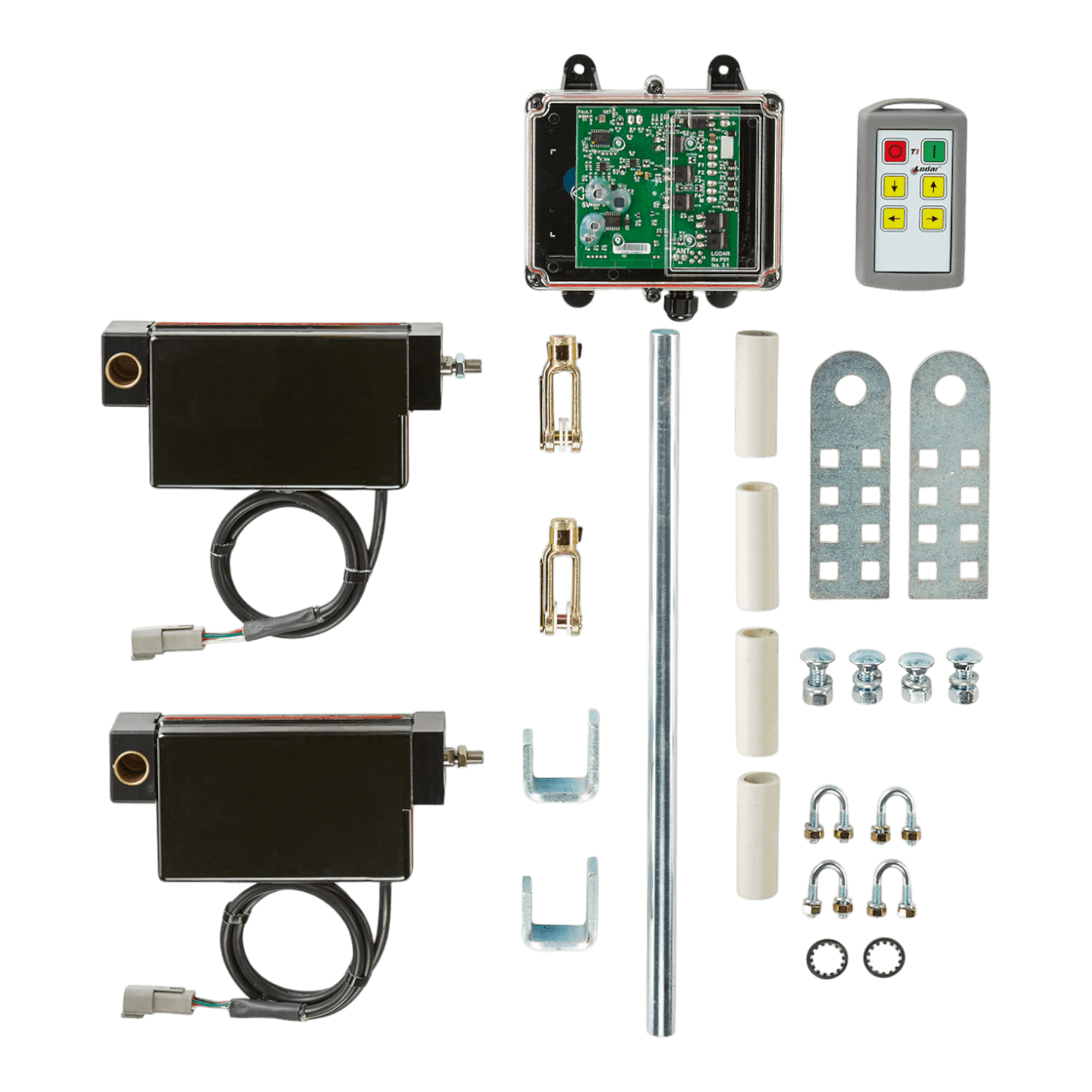 The Lodar LTD Wireless Electric Actuator Control System - 4 Functions includes motors, control box, wireless remote, electric hand lever, metal rod, brackets, screws, and mounting hardware for 12V gate openers.