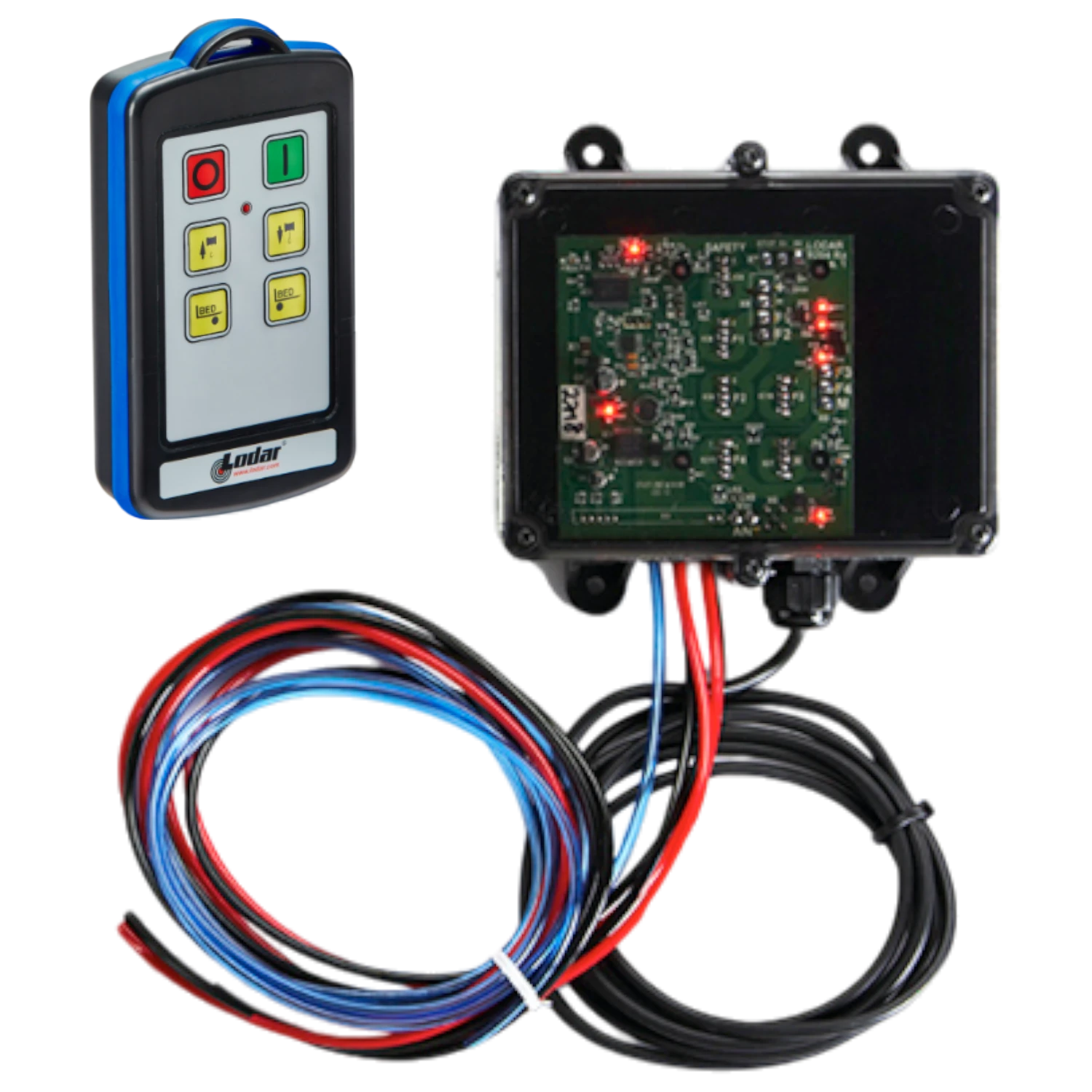 Lodar LTD 4 Function IP Wireless Actuator Control System (92 Series, FET Air Receiver, No Actuators) offers remote control and electronic circuit board with colored wires for automotive, security, or hydraulic wireless valve systems.
