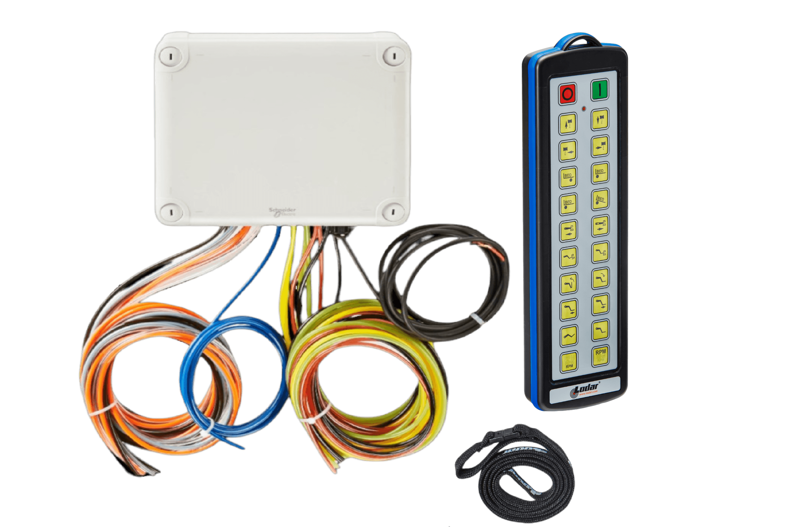 The Lodar LTD 18 Function IP Wireless Actuator Control System (92 Series, FET Air Receiver, No Actuators) features a control box with multicolored wires, handheld remote, and lanyard—perfect for fleet trucks or industrial tow rigs.