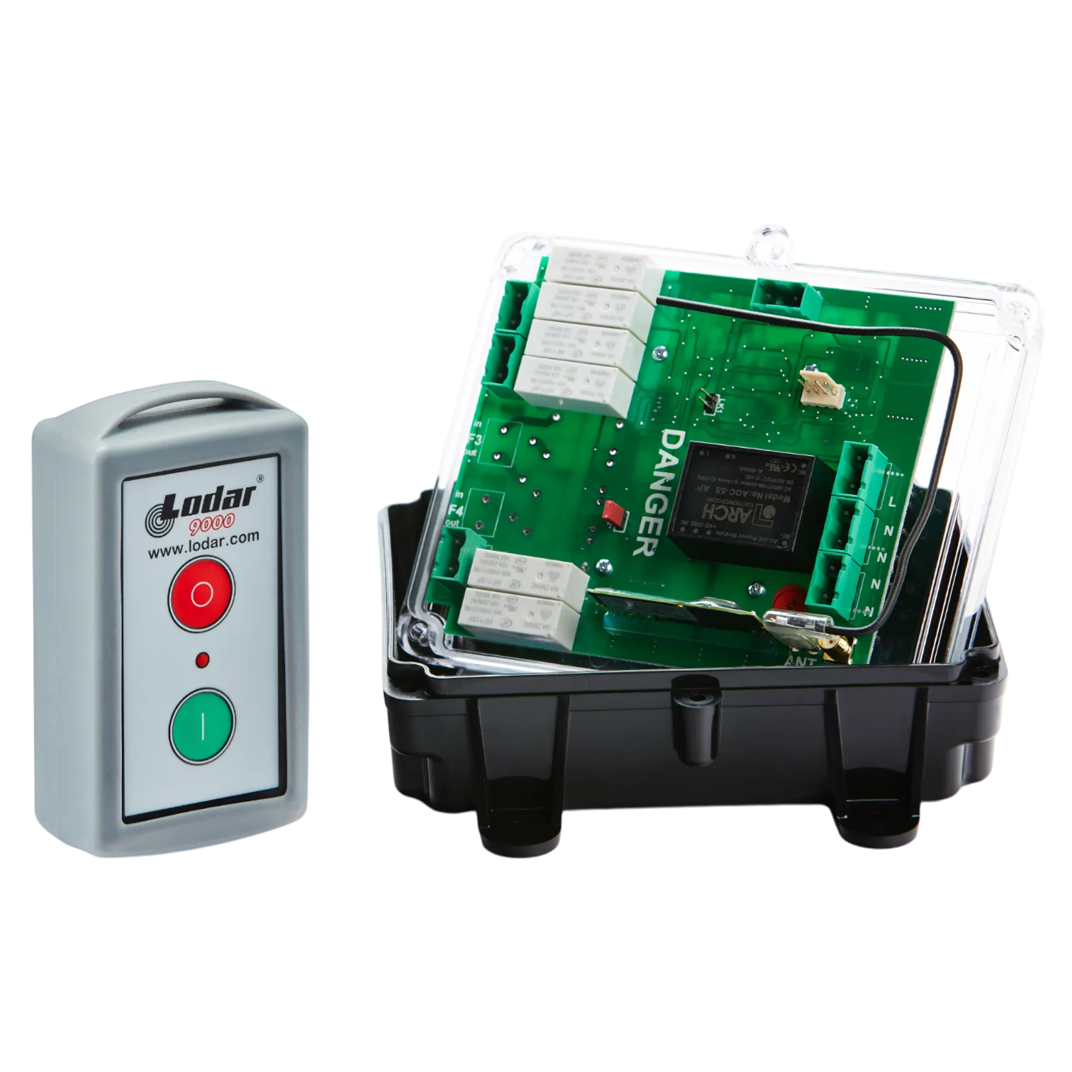 The Lodar LTD 1 Function 110V Standard Wireless Control System (96 Series Relay Receiver) features a remote control and an exposed electronic circuit board housed in a black plastic case with a DANGER label inside.