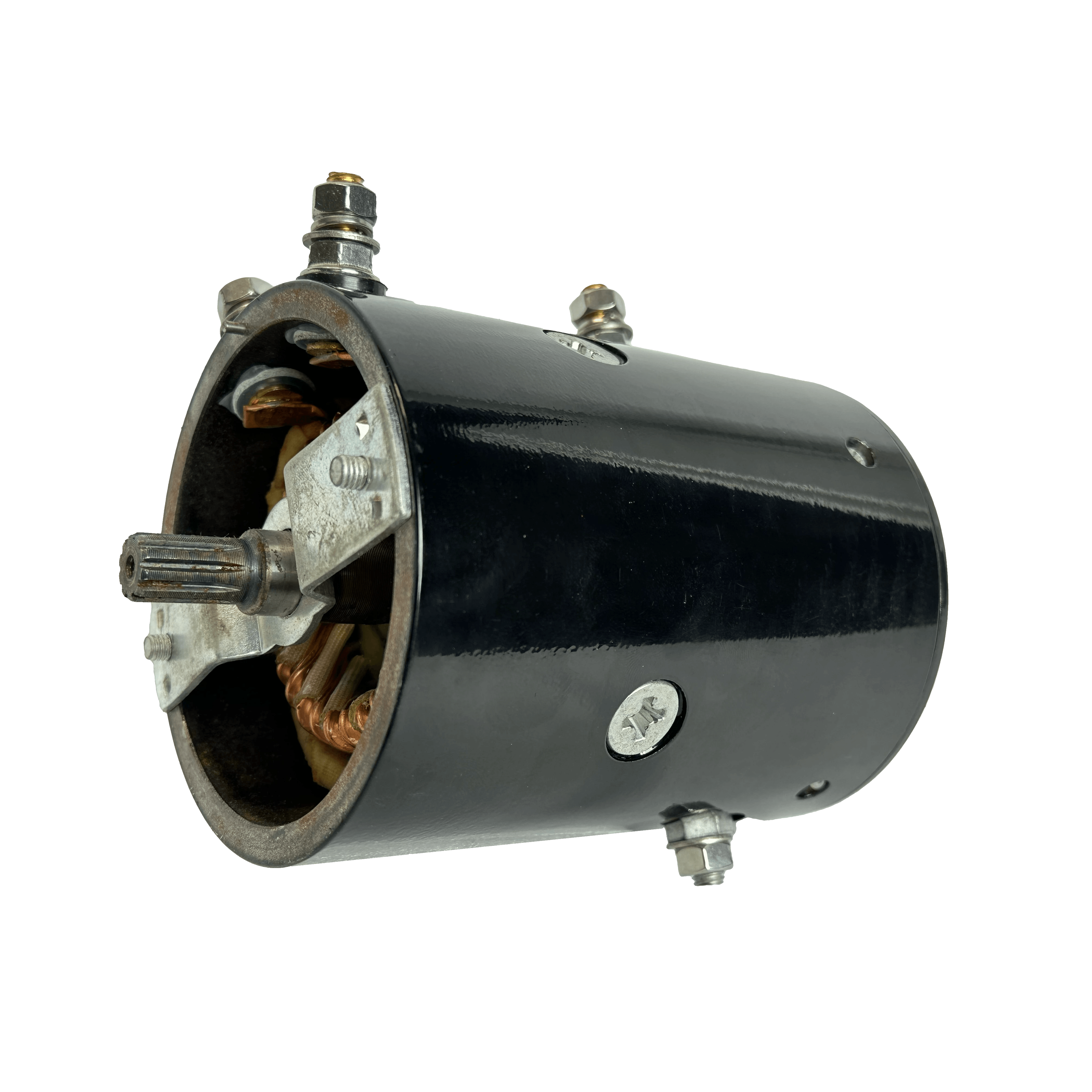 The 9,000/12,000 lb Electric Planetary Winch Motor | Style 2 by PIERCE, with its side-view design showcasing exposed wiring and metal connectors, is an excellent replacement for winches. This black cylindrical motor offers a blend of durability and performance suited for demanding recovery operations.