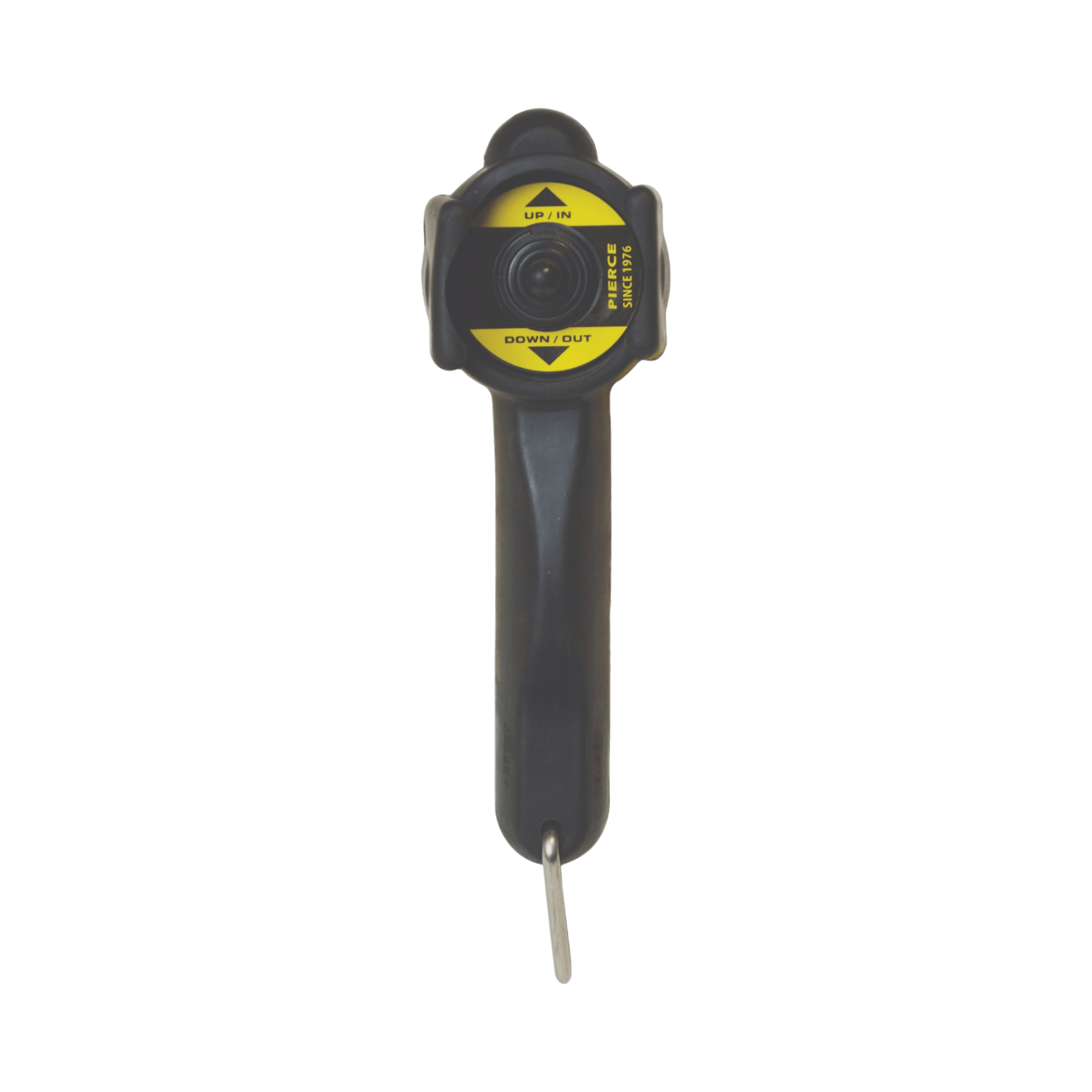 Featuring a sleek black and yellow design and equipped with Up/In and Down/Out controls, the PIERCE 9,000 lb Recovery Winch remote is ideal for handling your winch during off-roading escapades against a dark backdrop.