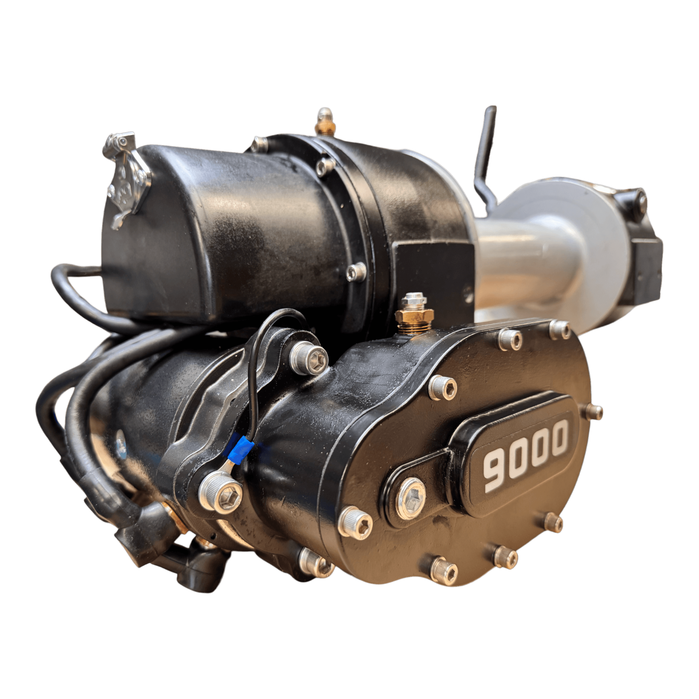 The PIERCE 9,000 lbs. 11 Drum Industrial Electric Winch features a black metal body with bolts and cables for powerful pulling, isolated on a white background.