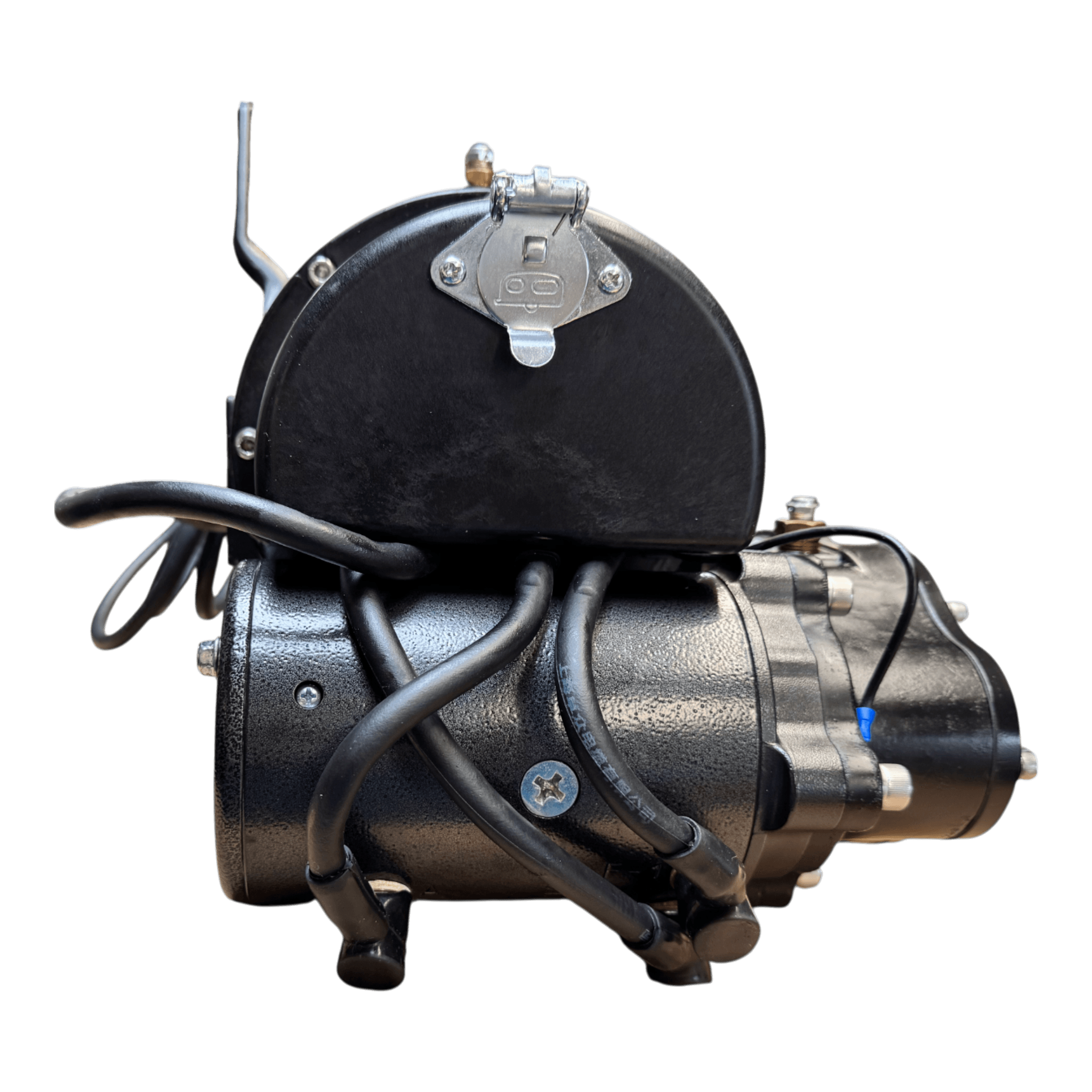 The PIERCE 9,000 lbs. 11 Drum Industrial Electric Winch features a black motor with attached wires and metal casing, shown from the side against a white background.